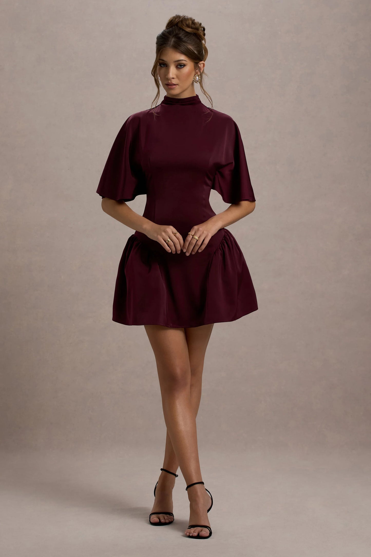 Alva | Burgundy High-Neck Short-Sleeve Mini Dress With Volume Skirt