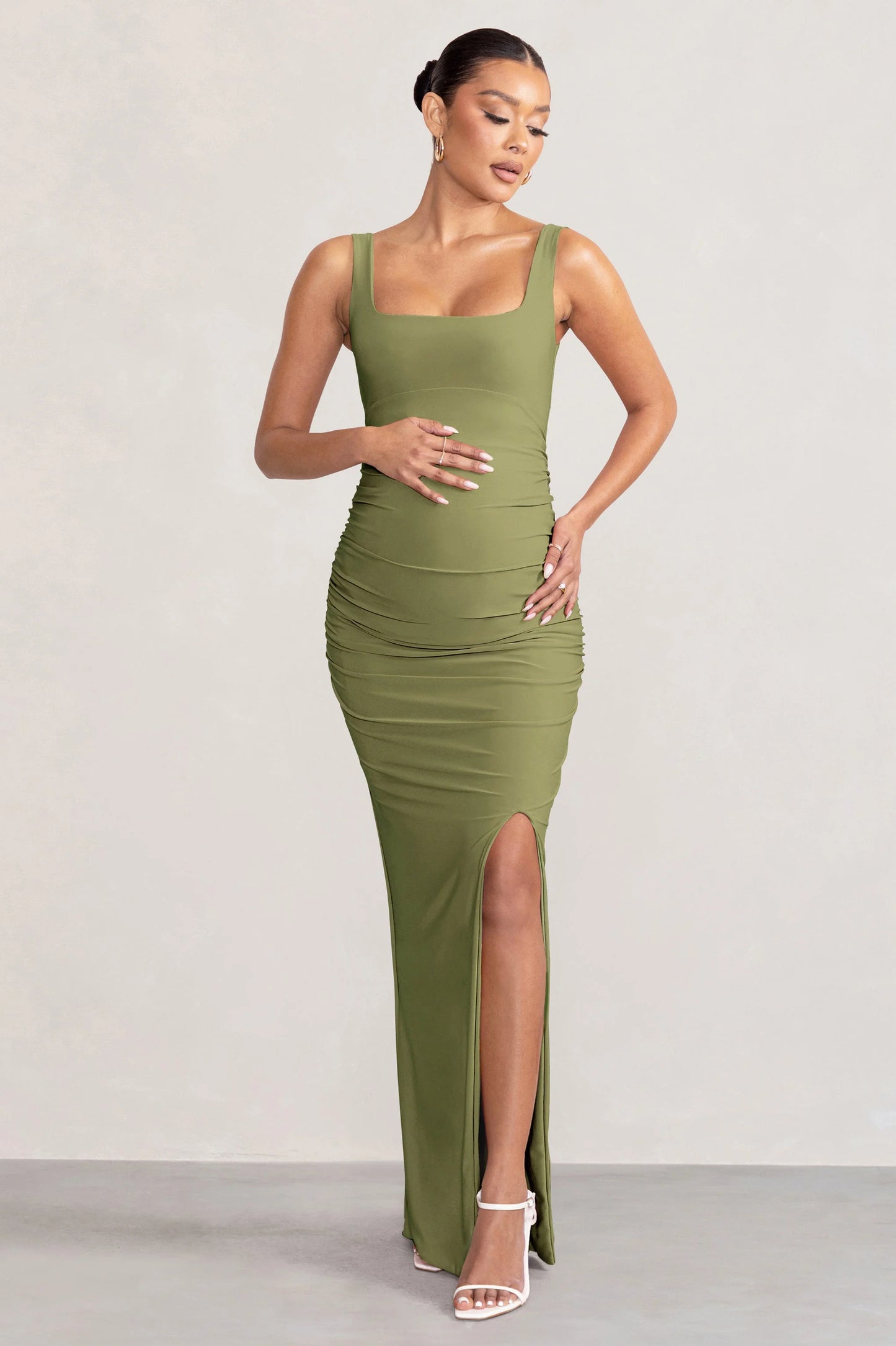 Avril | Olive Square Neck Maternity Maxi Dress with Split