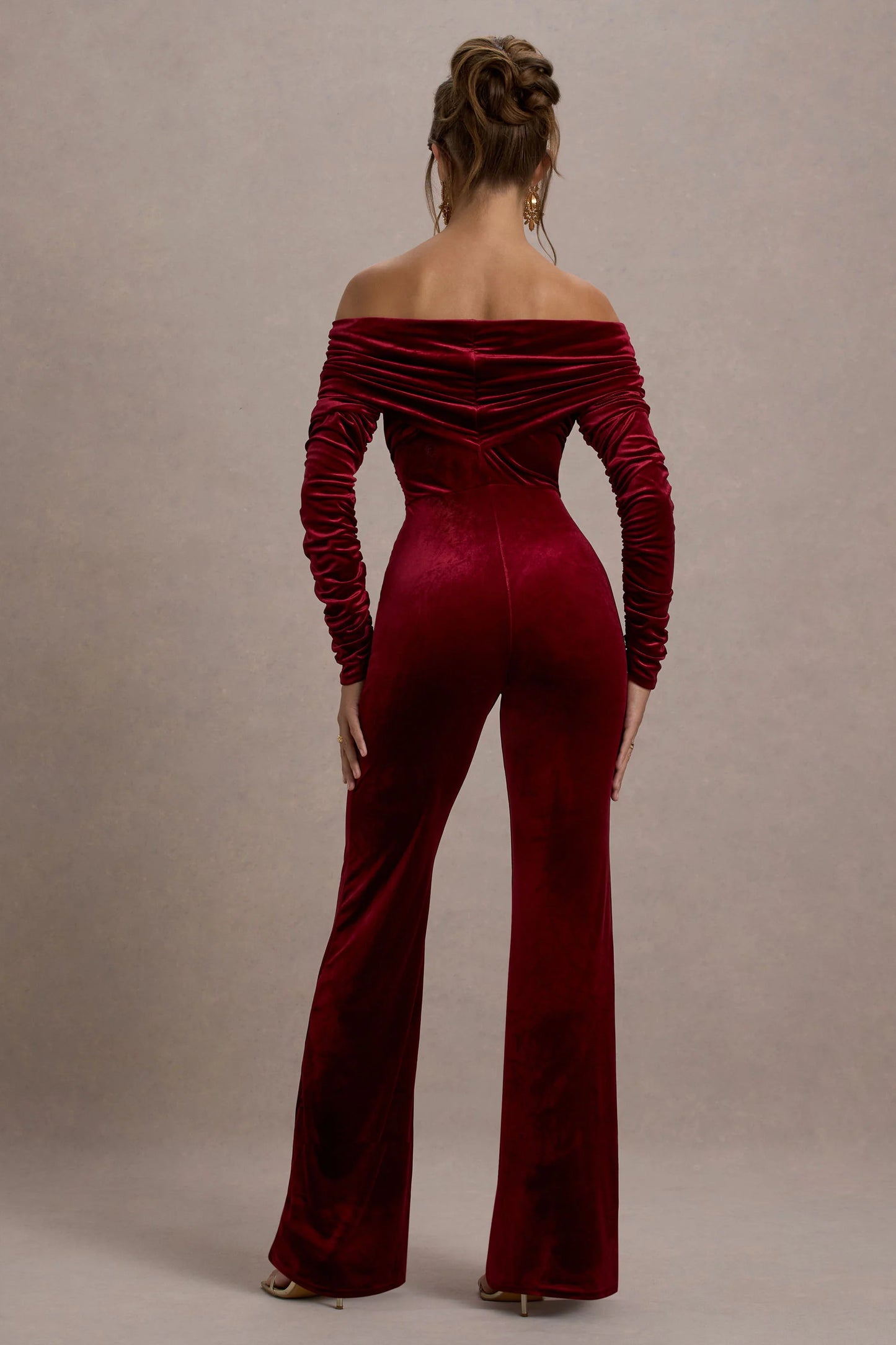 Borealis | Berry Velvet Long-Sleeved Bardot Jumpsuit