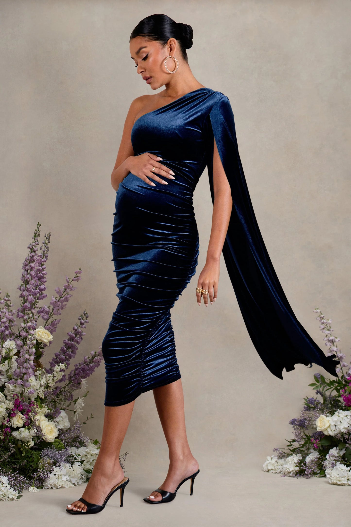 Gianna | Navy Velvet Maternity One Shoulder Cape Bodycon Midi Dress