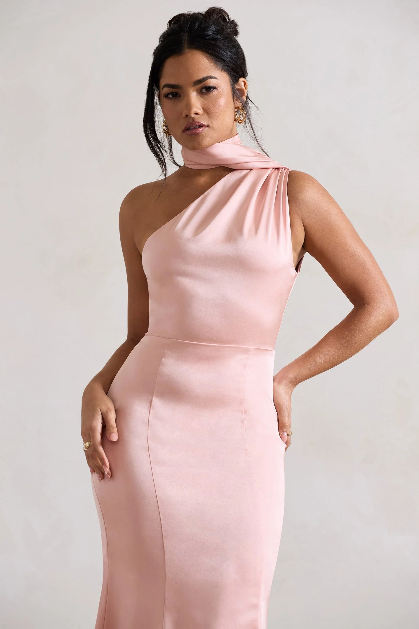 Golden Girl | Blush Pink Satin One Shoulder High-Neck Flared Midi Dress