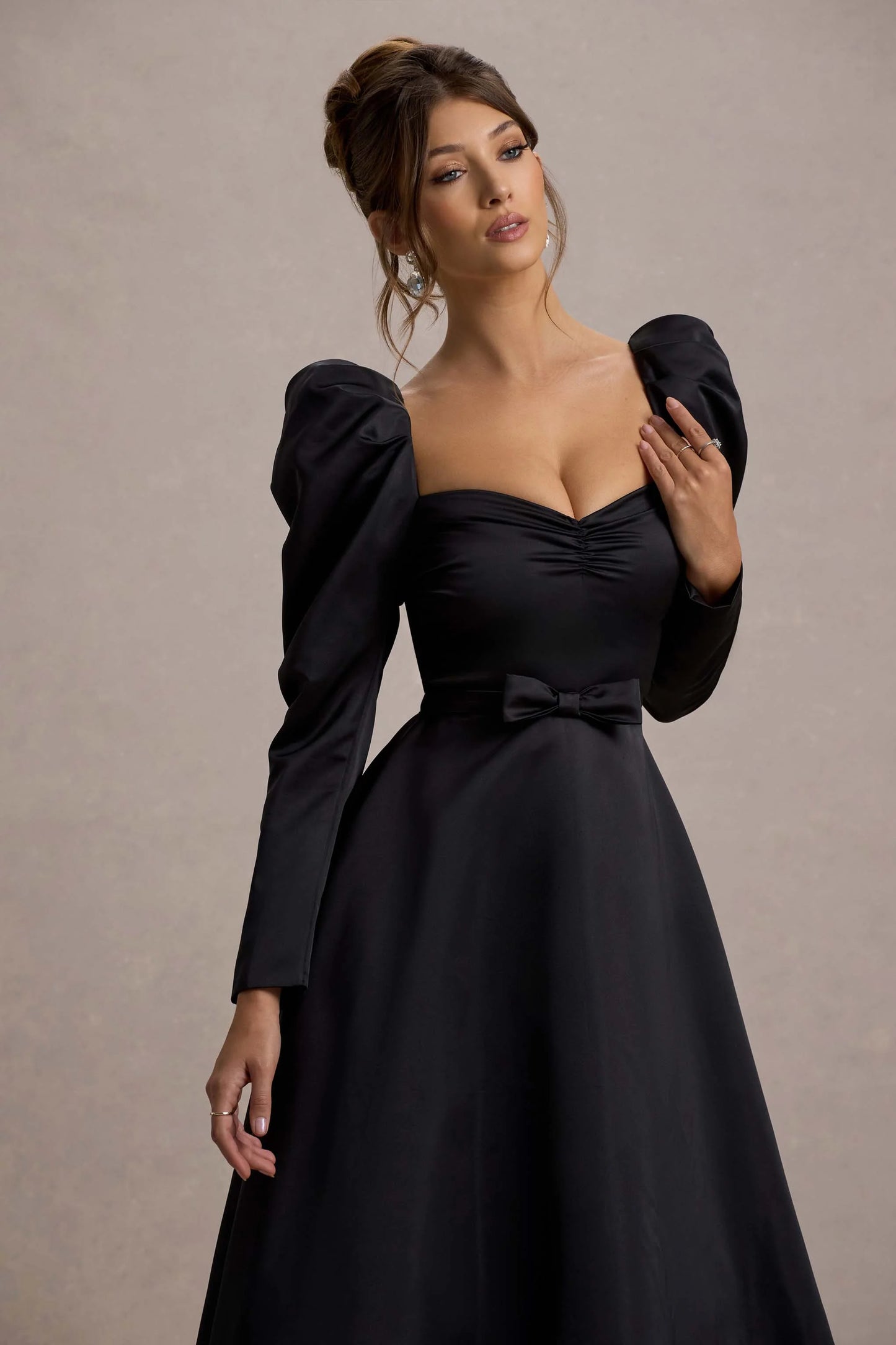 Kansas | Black Square-Neck Puff-Sleeve Belted Midi Dress