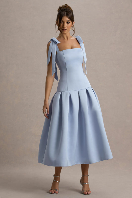 Alberta | Powder Blue Satin Midi Dress With Bow Straps