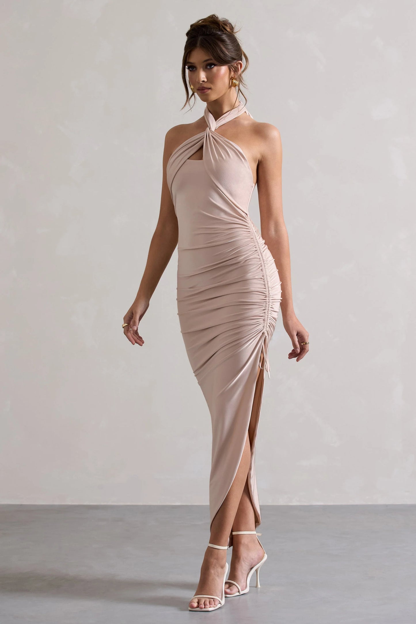 Jaiya | Champagne Ruched Halter-Neck Asymmetric Maxi Dress