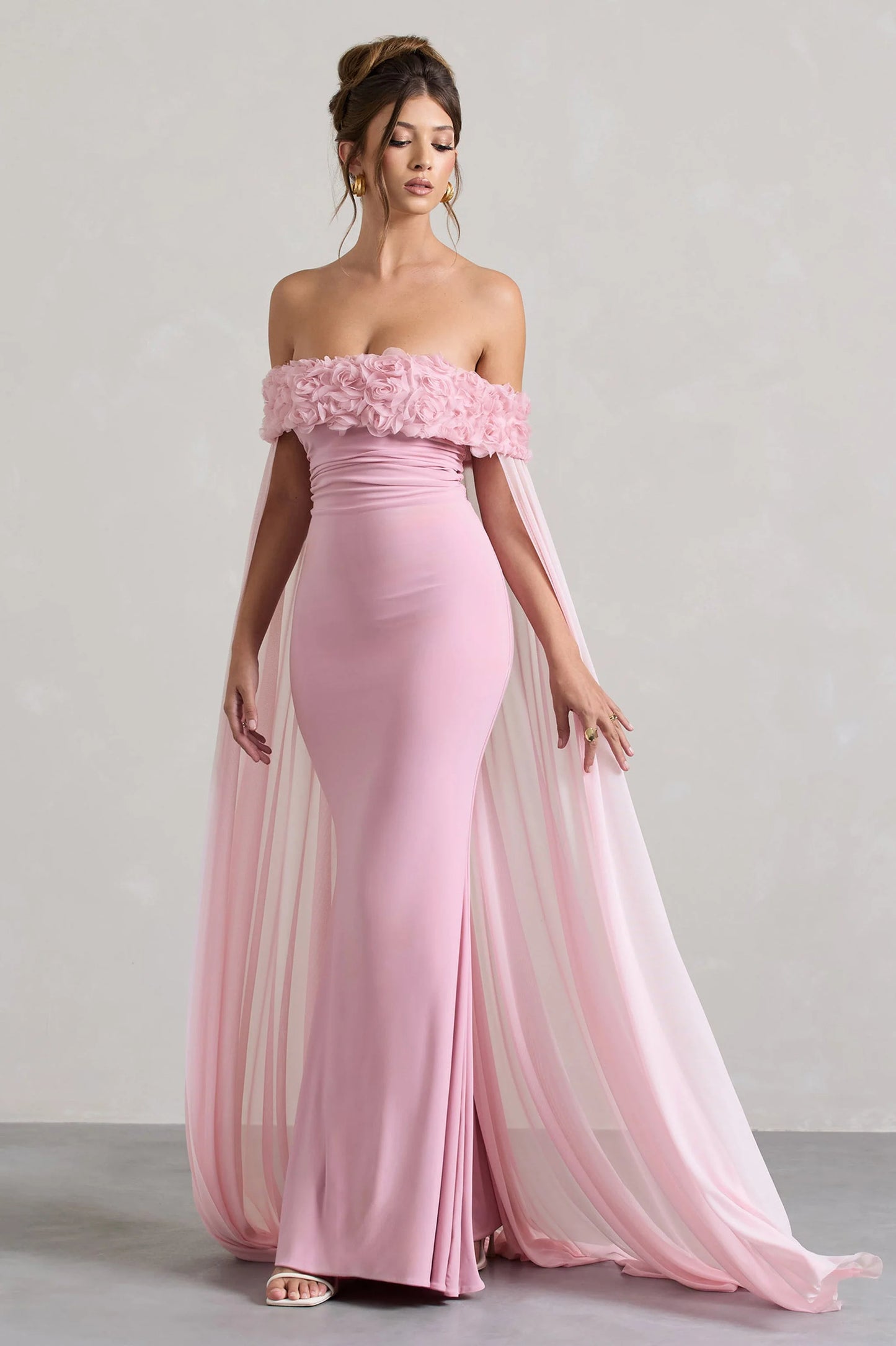 Avant Garde | Blush Pink Floral Bardot Fishtail Maxi Dress With Mesh Cape