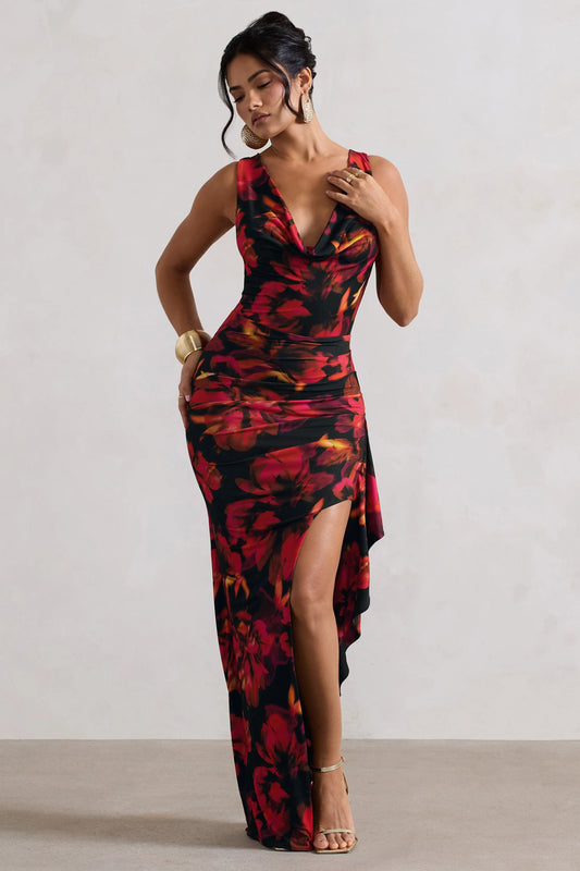 Kaida | Red Floral Print Cowl-Neck Ruffled Split Maxi Dress