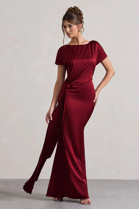 Ambrosia | Berry Satin Pleated Maxi Dress With Drape