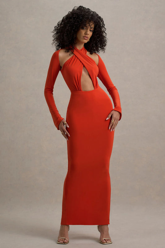 Gita | Orange Halter-Neck Long-Sleeve Maxi Dress