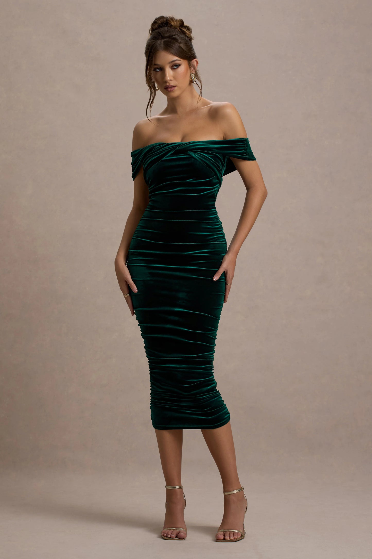 Gratitude | Bottle Green Velvet Off The Shoulder Ruched Midi Dress