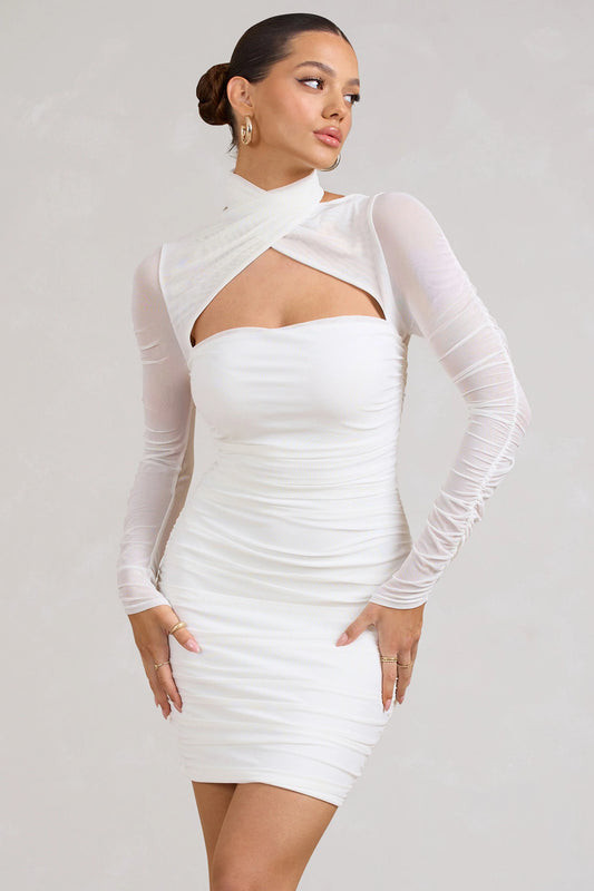 Bouquet Toss | White Ruched Mesh Long-Sleeved Mini Dress