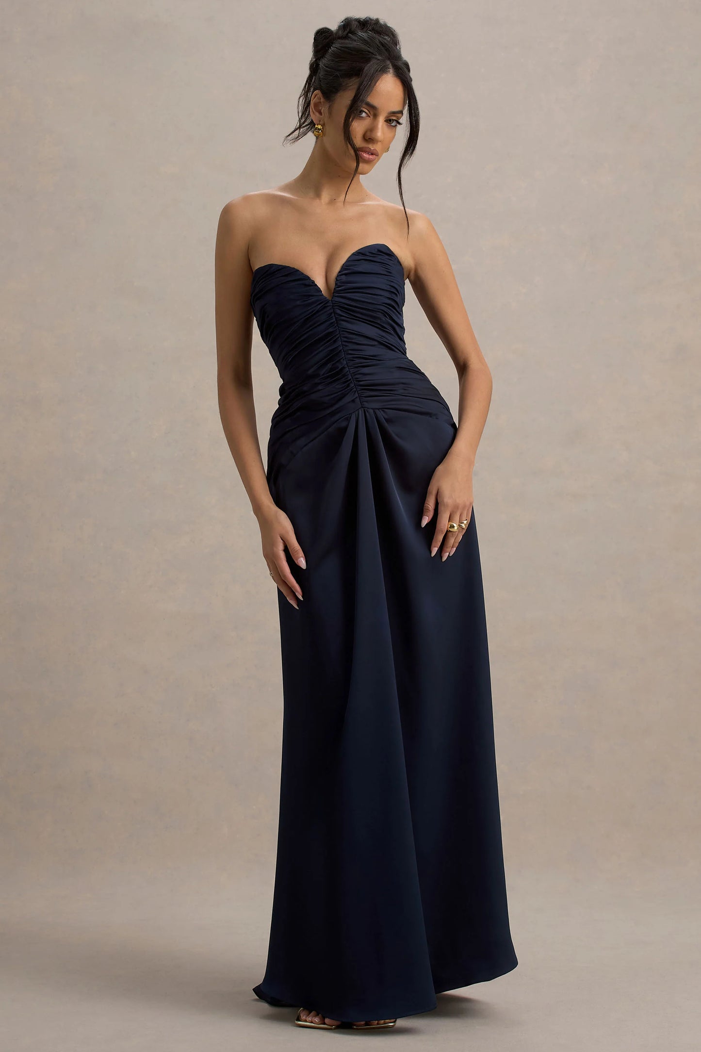 Desirie | Navy Satin Sweetheart Gathered Maxi Dress