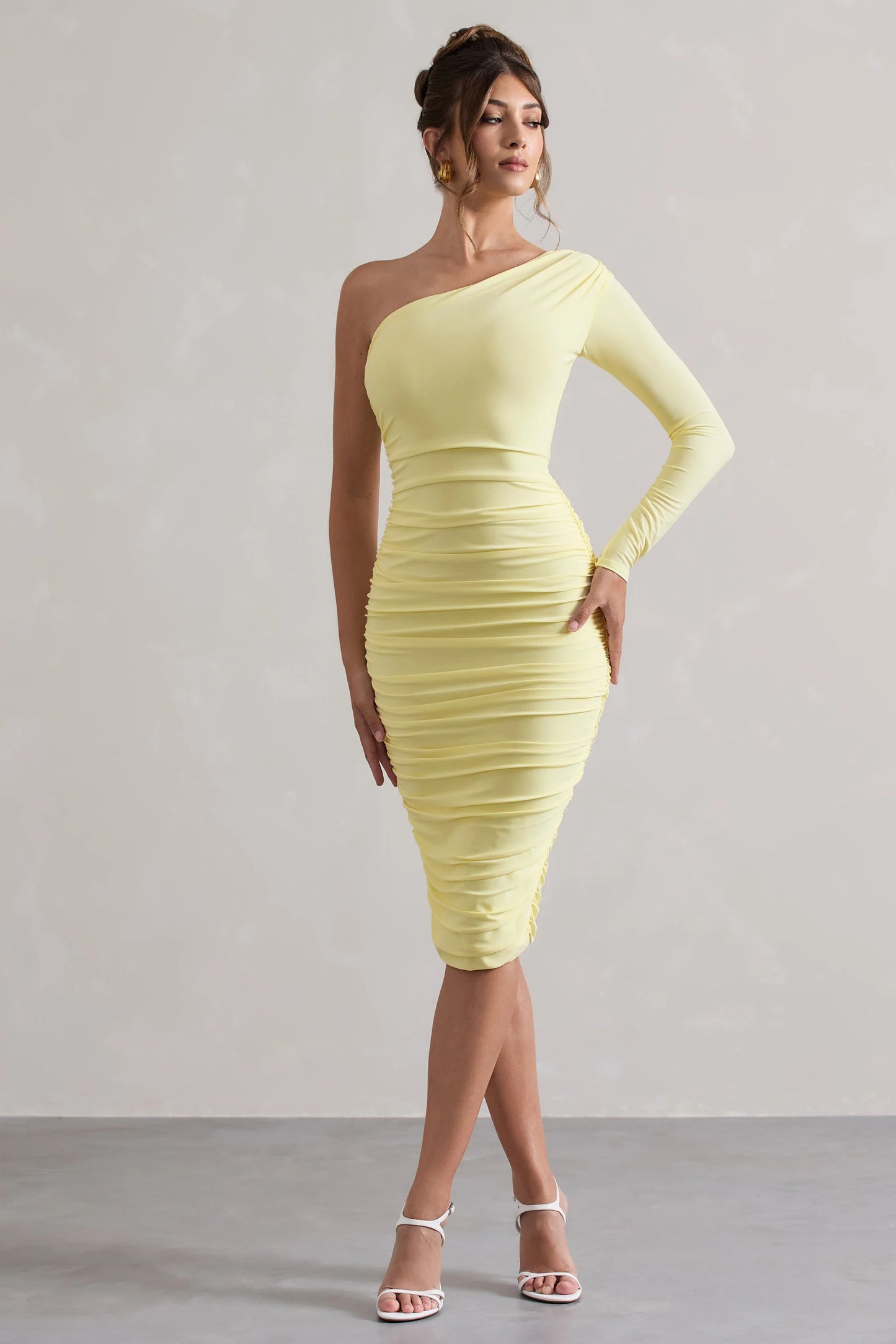 In The Shadows | Yellow One Sleeve Midi Dress With Ruching