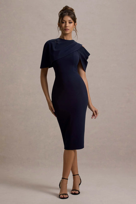 Dorothea | Navy Draped Midi Dress With Cape