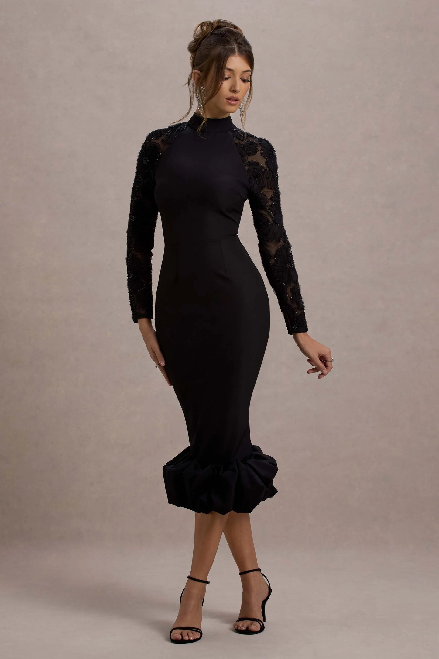 Chandra | Black Mesh Long-Sleeve Midi Dress With Ruffle Hem