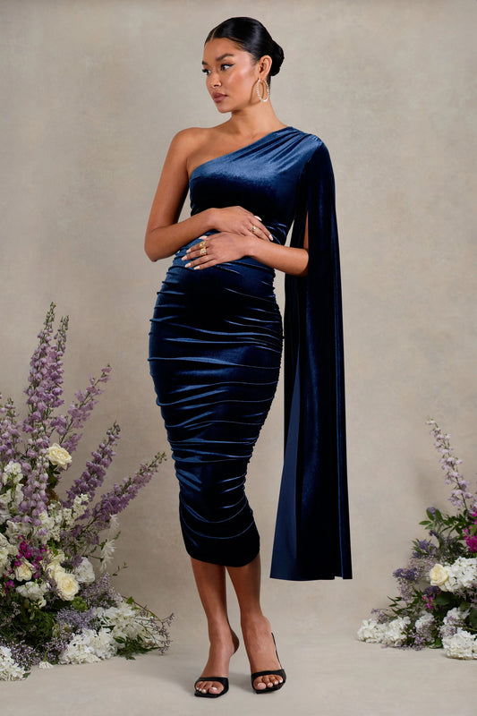 Gianna | Navy Velvet Maternity One Shoulder Cape Bodycon Midi Dress