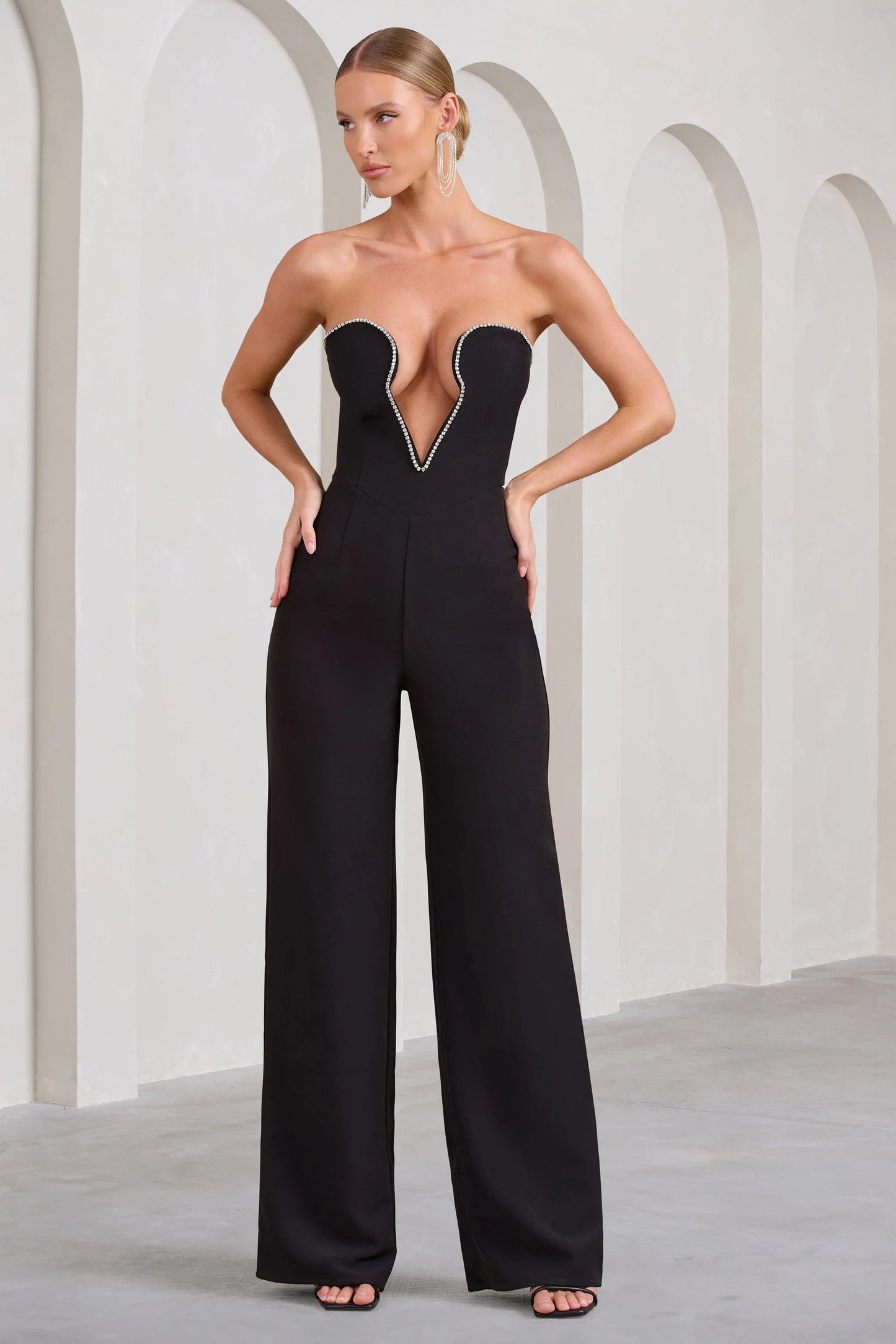 Julia | Black Extreme Plunge Cut Out Wide Leg Jumpsuit