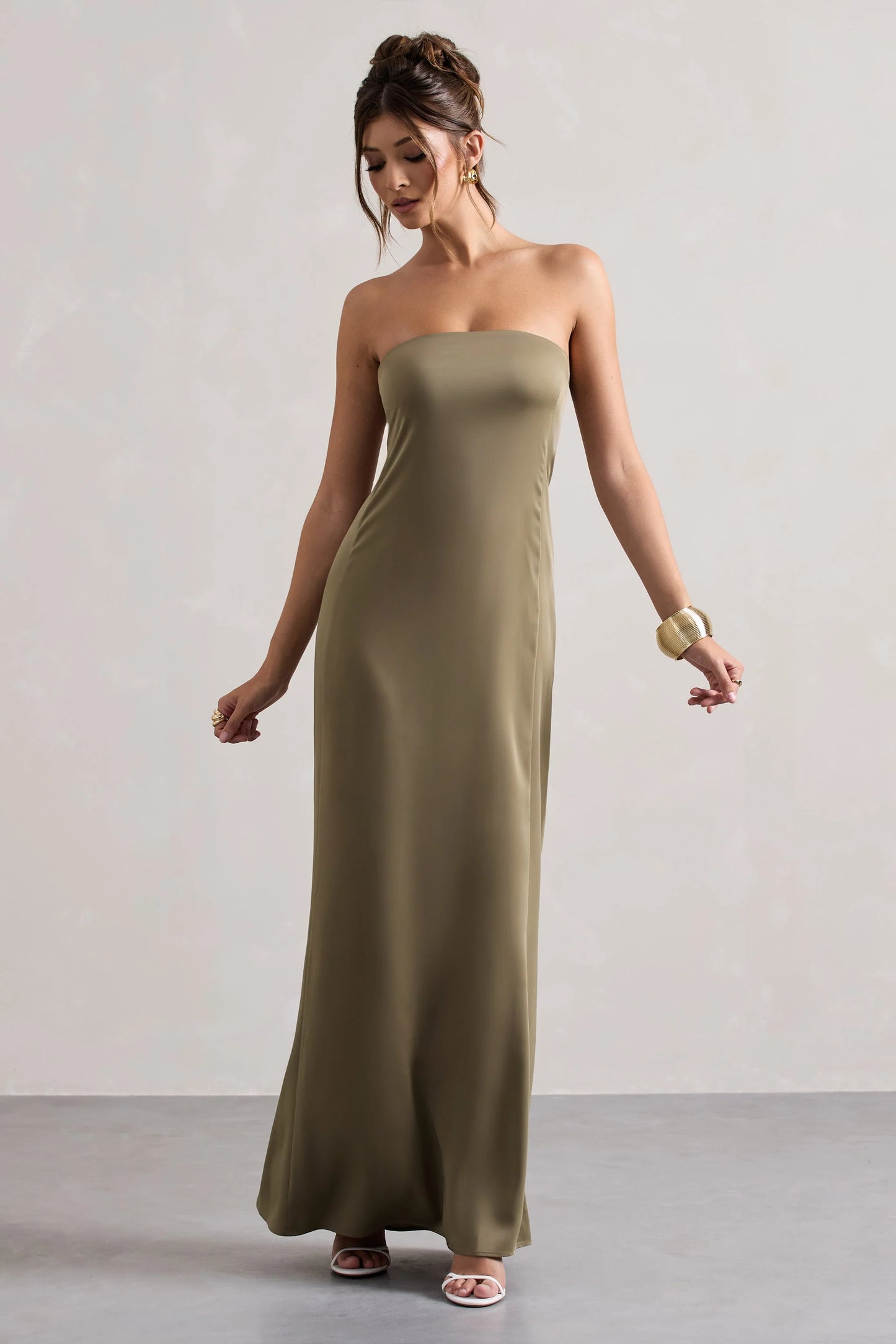 Azra | Olive Satin Bandeau Maxi Dress