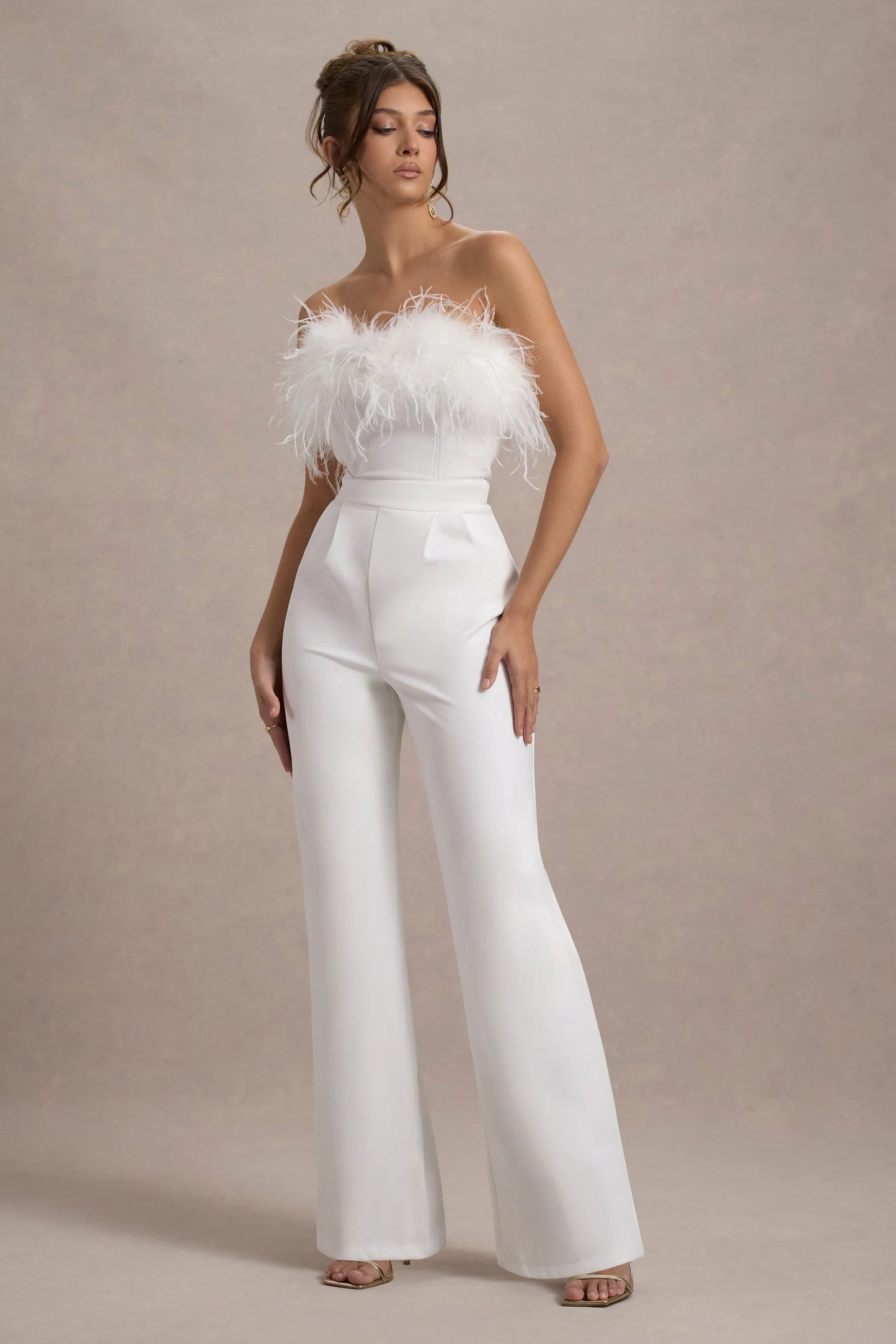 First Class | White Bandeau Feather Wide Leg Jumpsuit