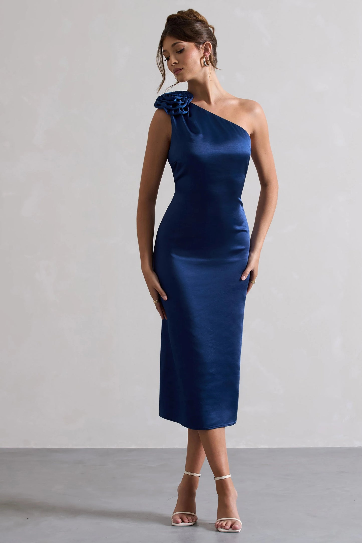 Ascot | Navy Satin One Shoulder Midi Dress With Corsage