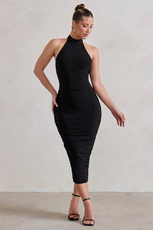 Chrissy | Black Halterneck Ruched Midi Dress