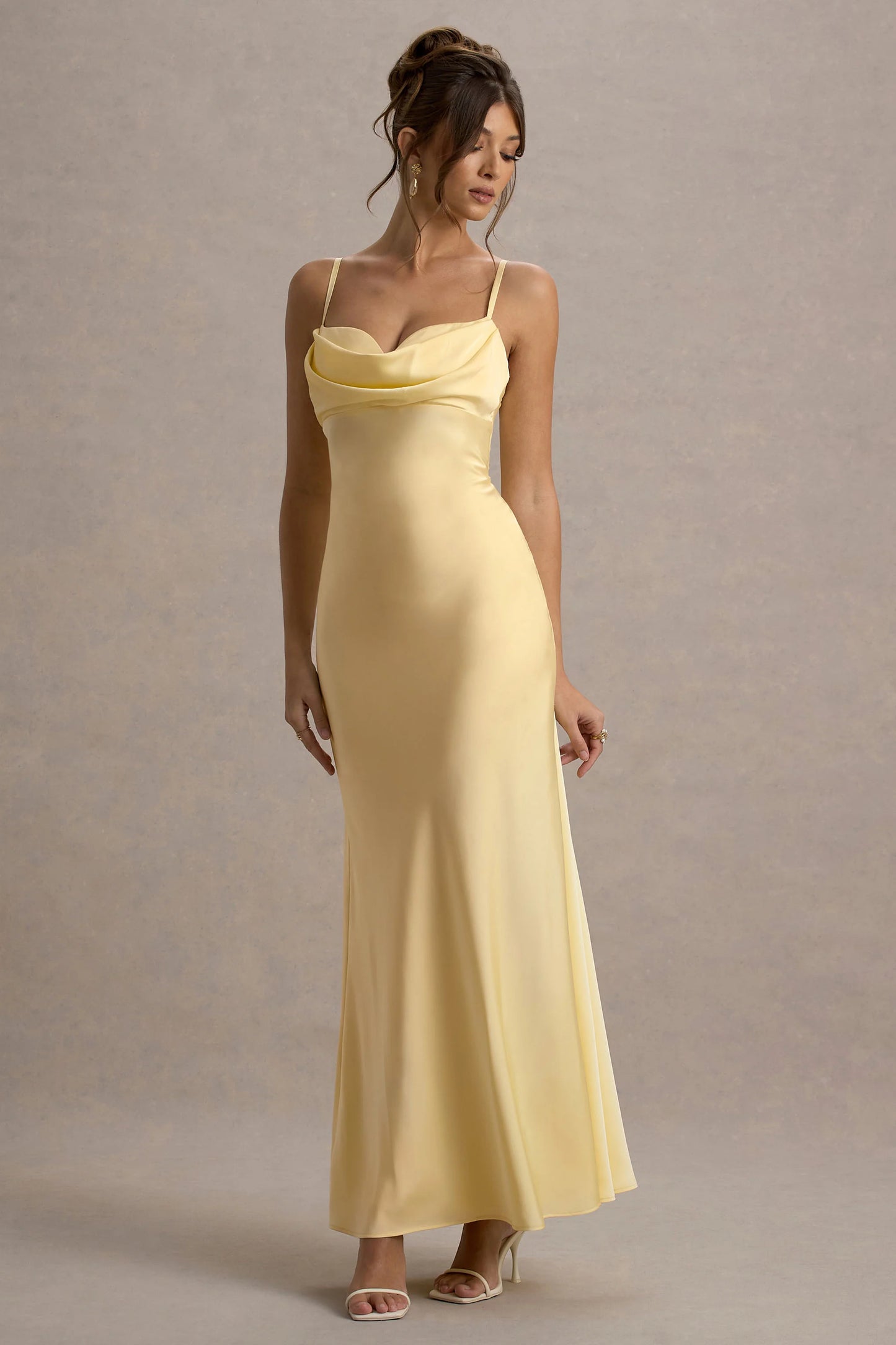 Eimear | Lemon Satin Draped Sweetheart Maxi Dress