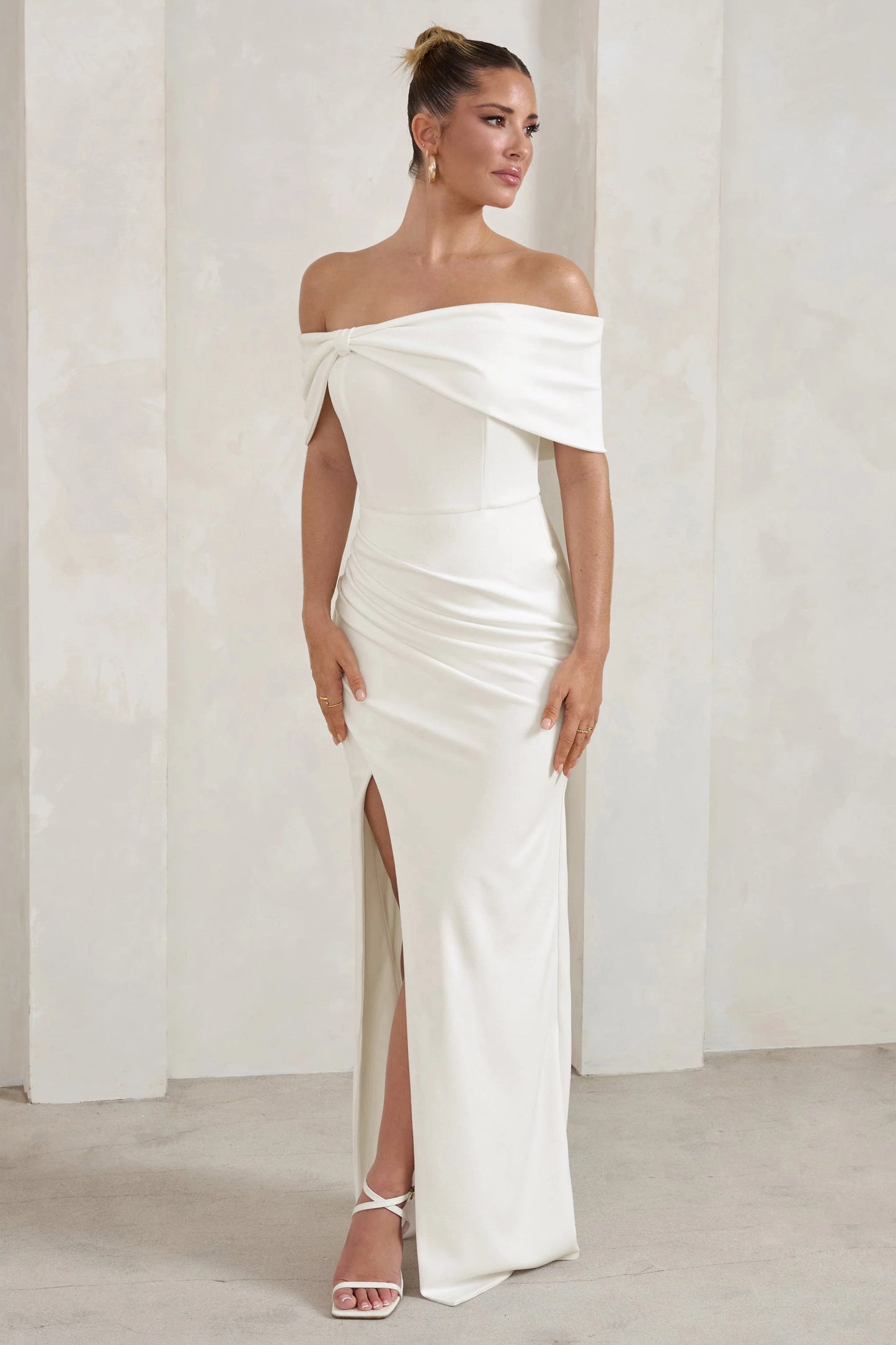 Eva | White Bardot Bow Detail Maxi Dress With Thigh Split