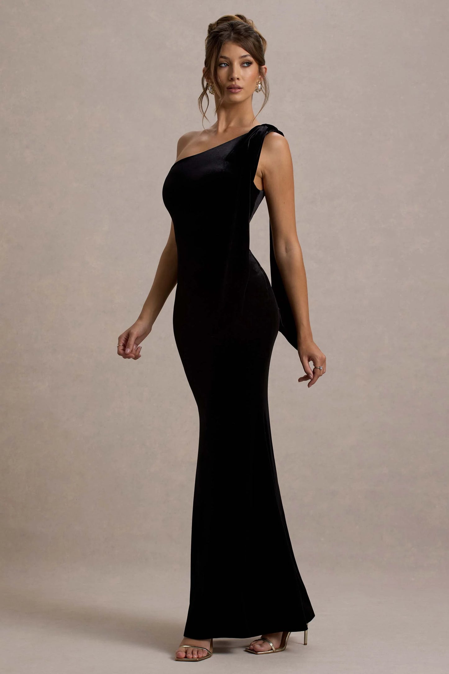 Jillian | Black Velvet Asymmetric Maxi Dress With Bow Strap