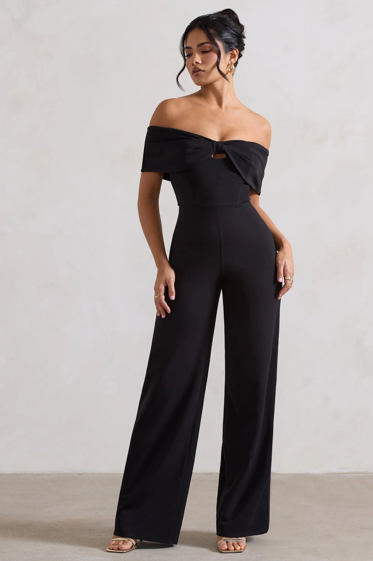 Harleen | Black Bow Bardot Wide-Leg Jumpsuit