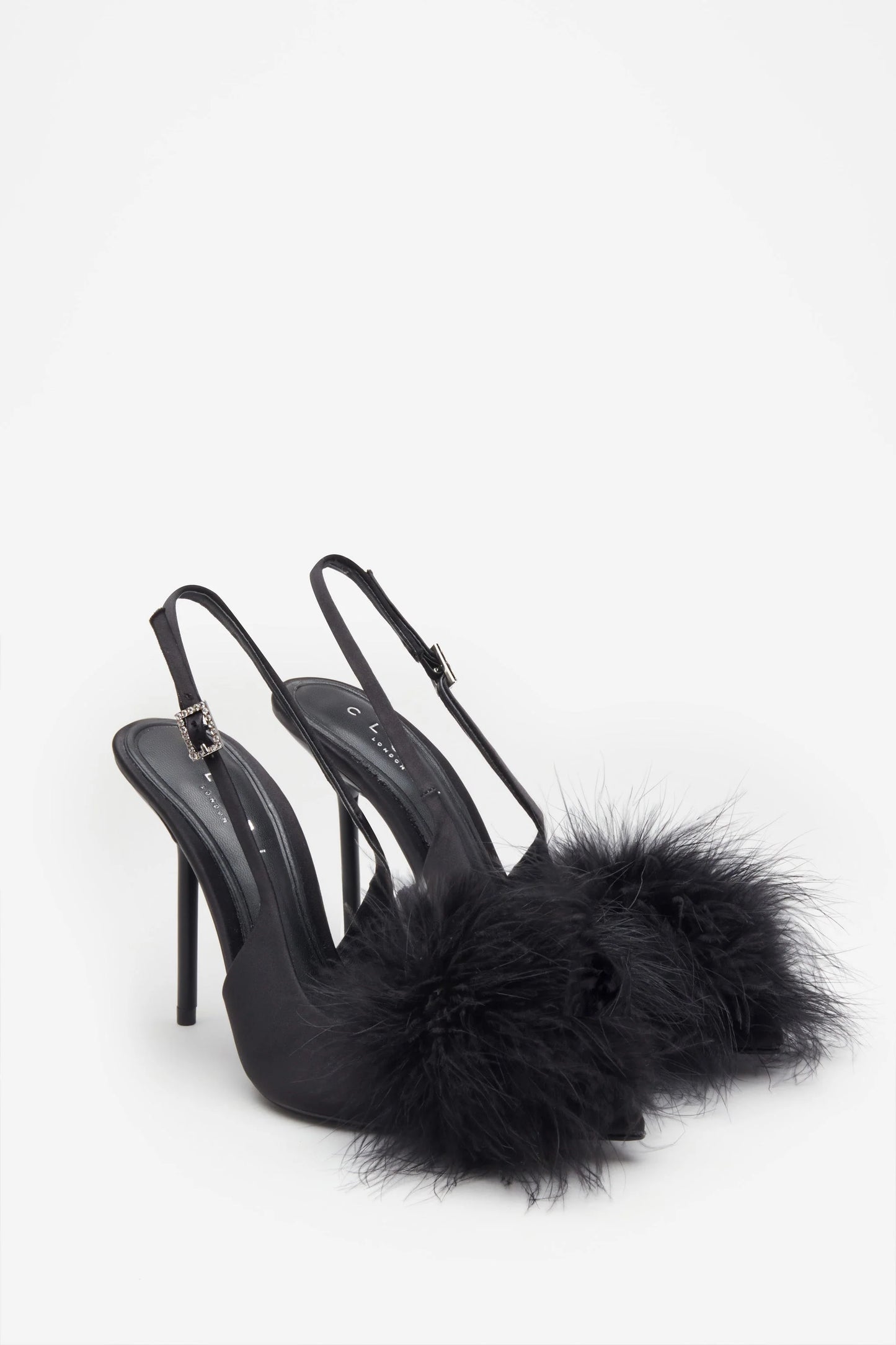 High Pitched | Black Satin Sling Back Heels With Pom Poms