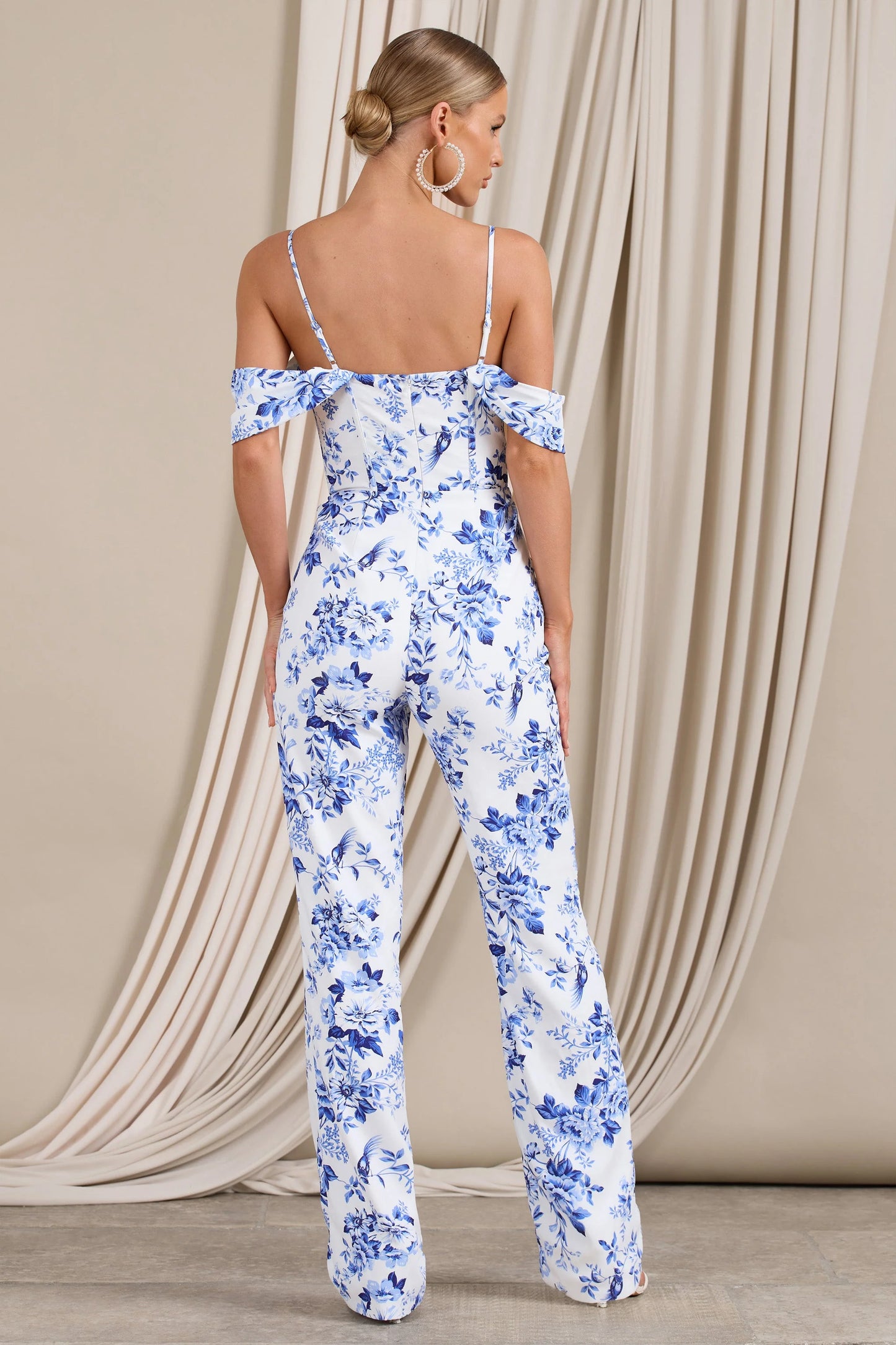 From The Vine | Blue Floral Strappy Drape-Sleeved Corset Jumpsuit