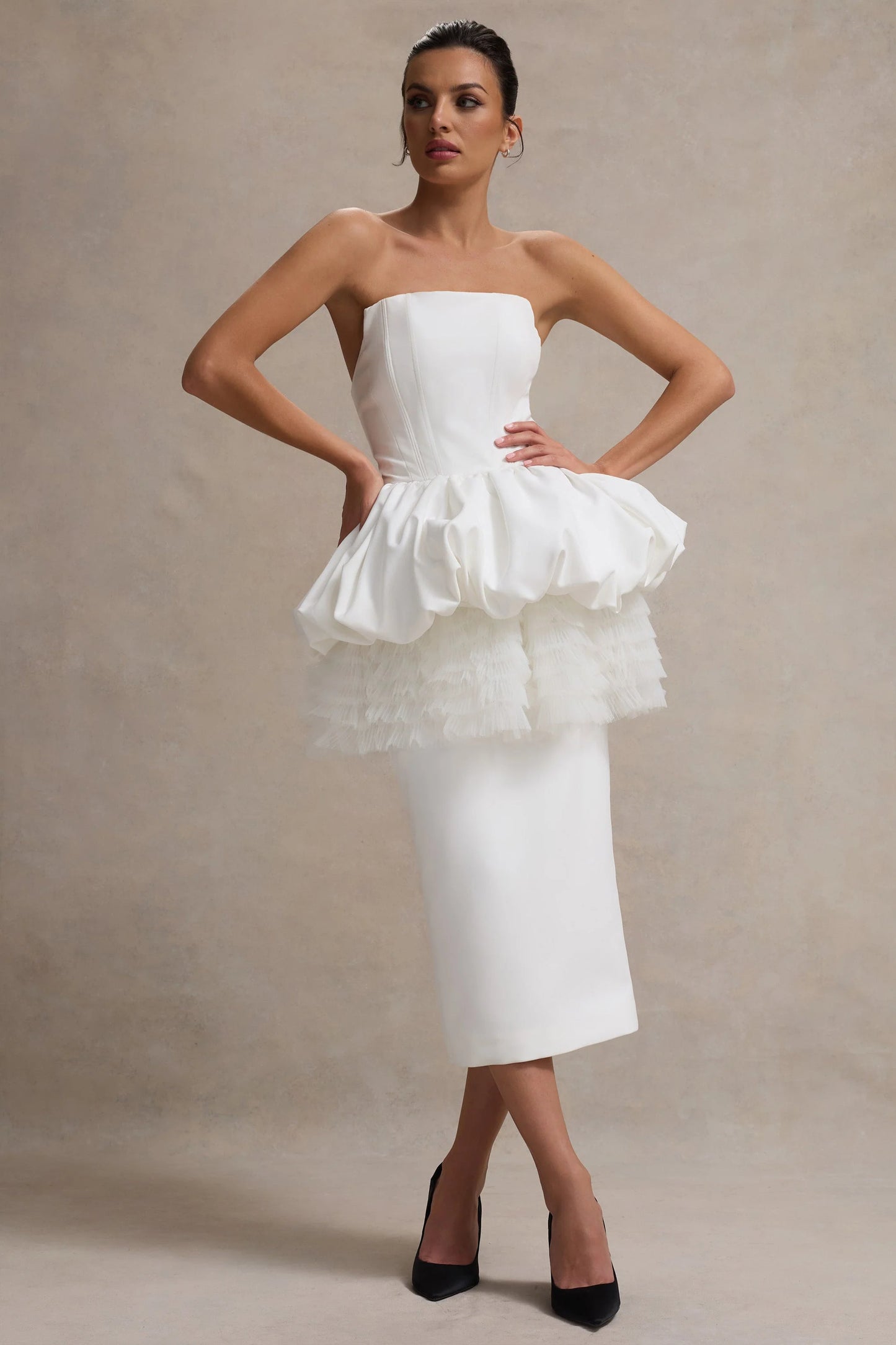 Jones | White Strapless Midi Dress With Tulle Peplum Waist