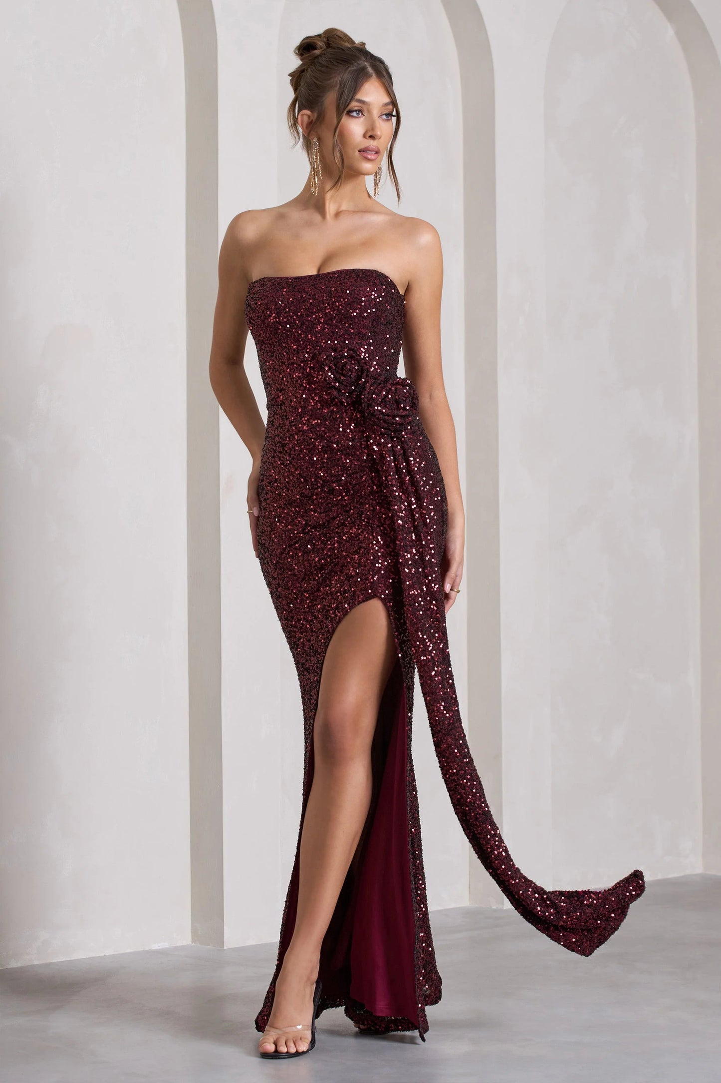 Alexandria | Burgundy Sequin Corset Maxi Dress With Flowers