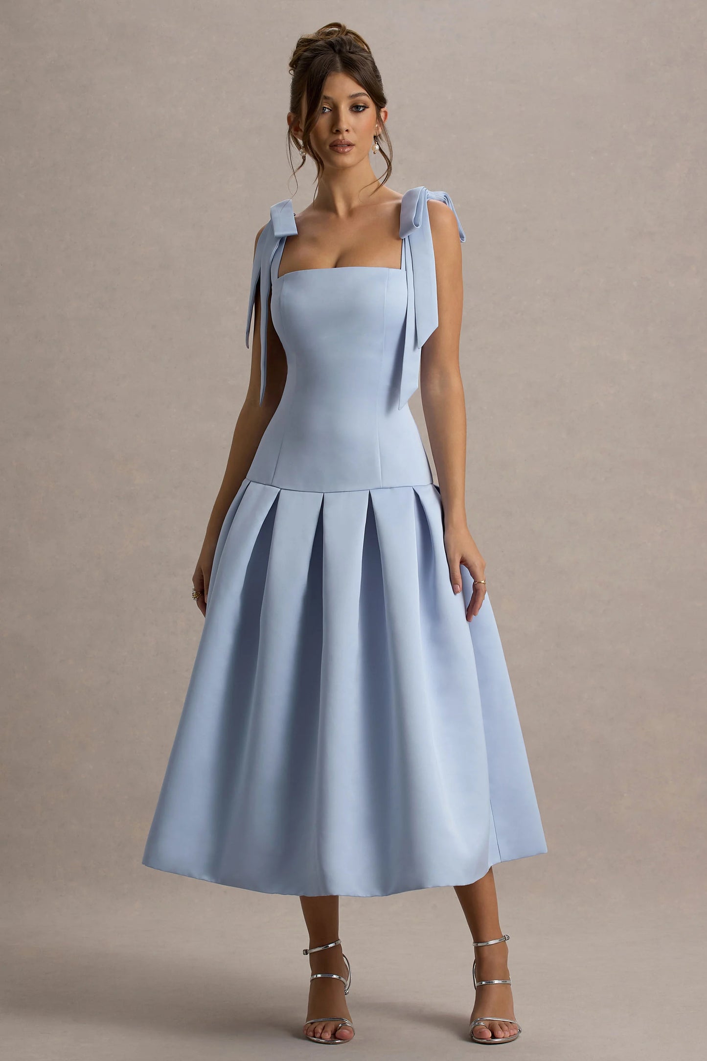 Alberta | Powder Blue Satin Midi Dress With Bow Straps