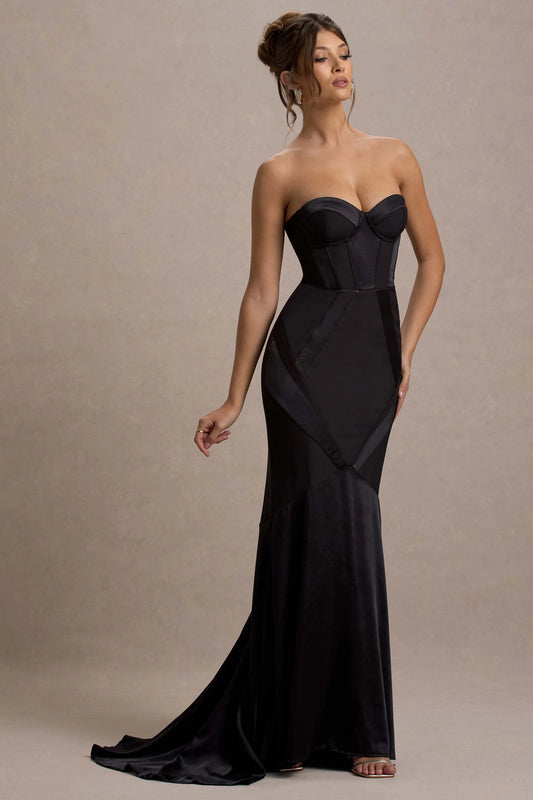 Custom | Black Satin Sweetheart Corset Fishtail Maxi Dress