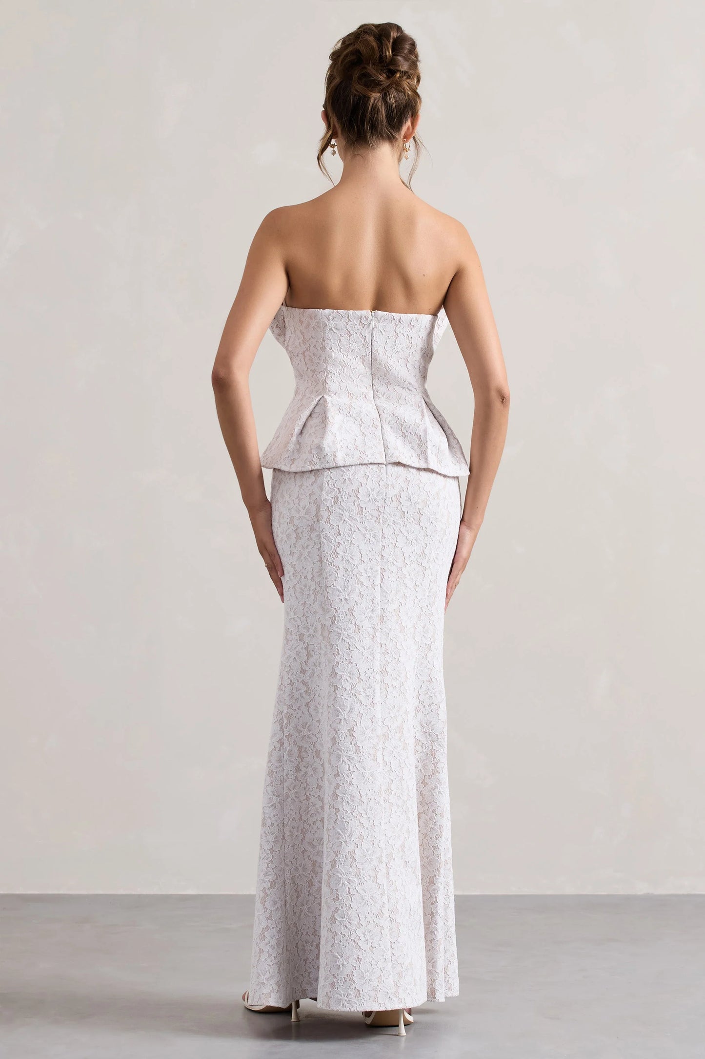 Kaleido | White Lace Strapless Ruffled Split Maxi Dress