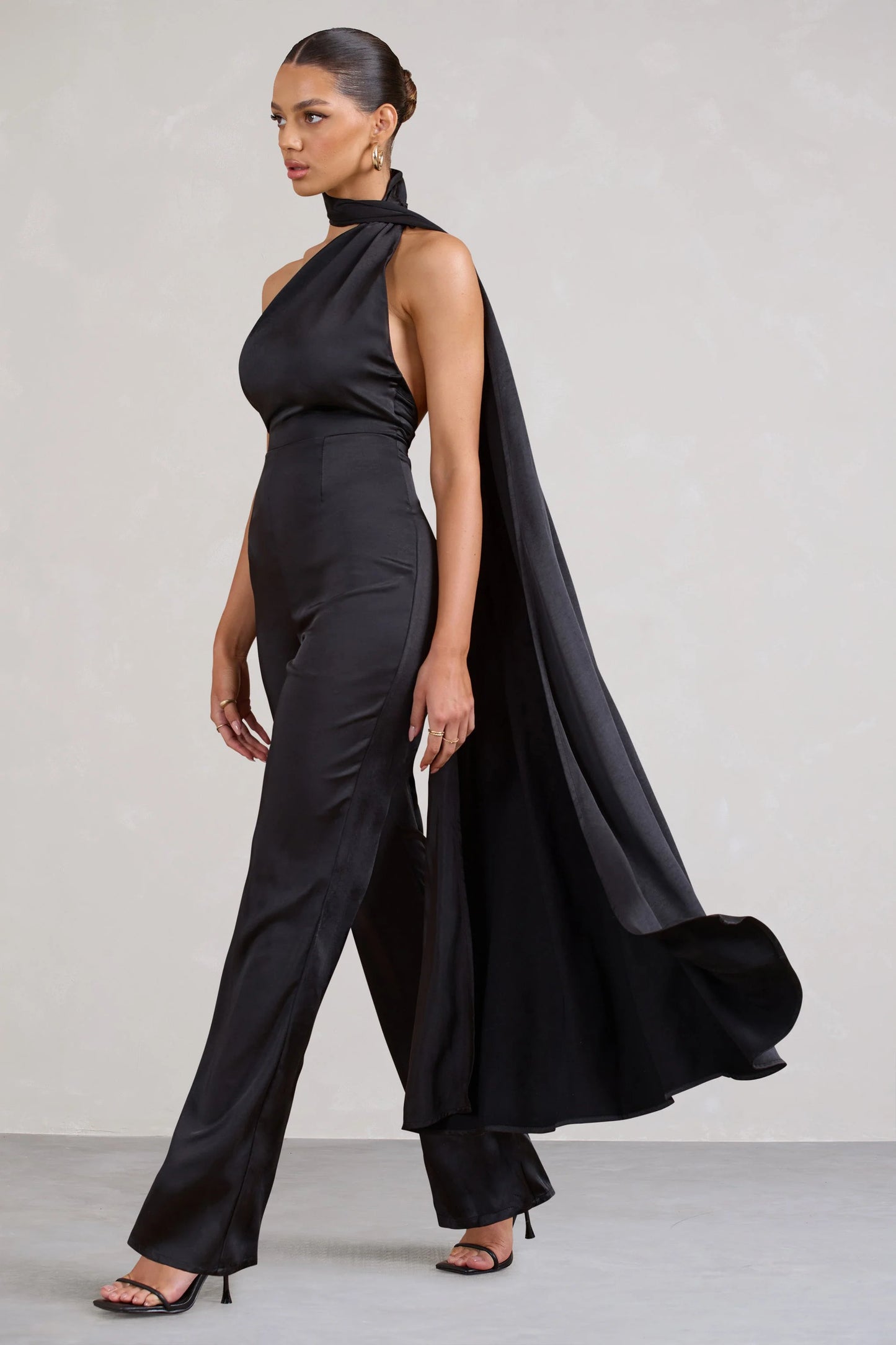 Cascada | Black Satin Wide Leg Jumpsuit With Statement Scarf Neck