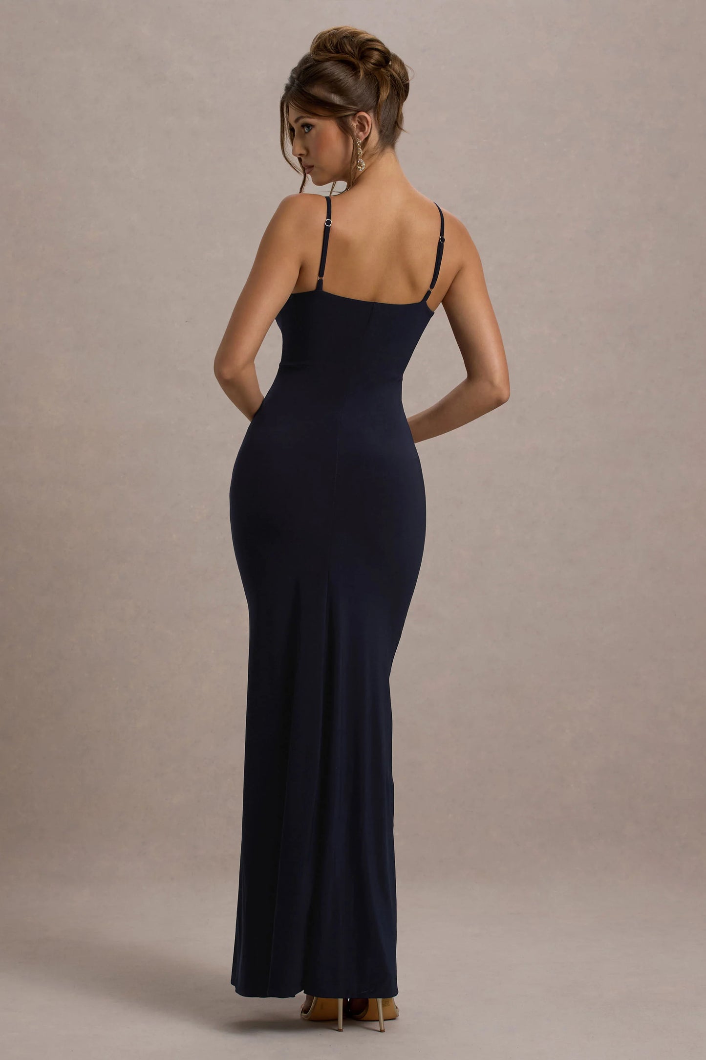 Jeanne | Navy Plunge Ruched Cami Maxi Dress With Split