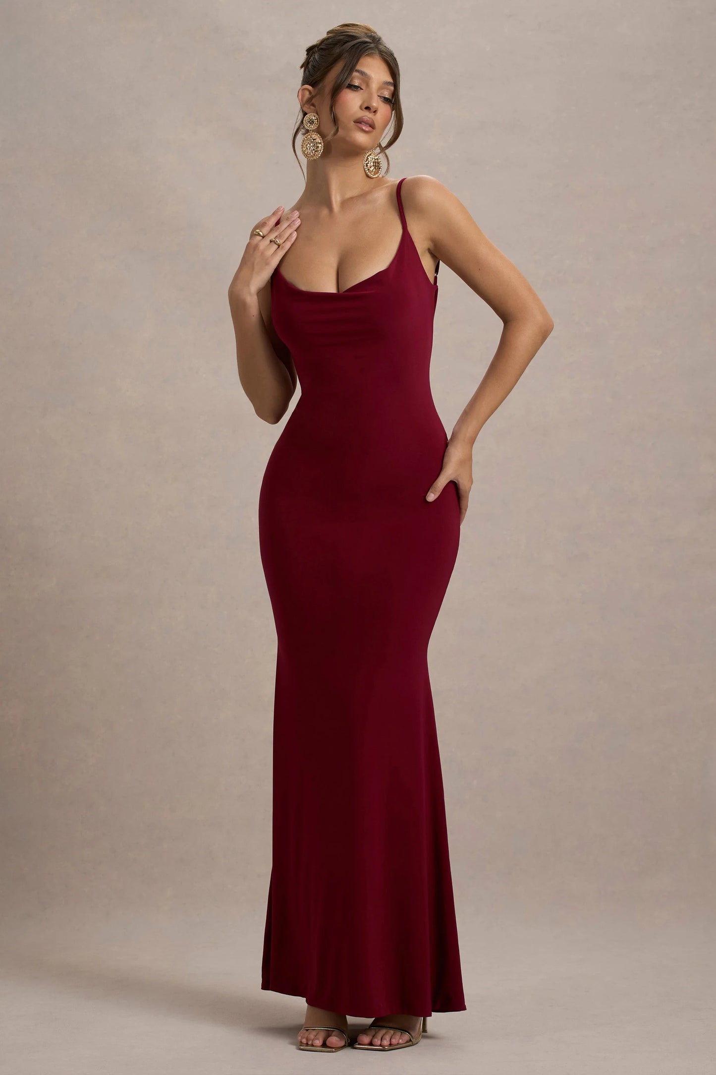 Francoise | Berry Cowl Neck Backless Maxi Dress With Lace Insert