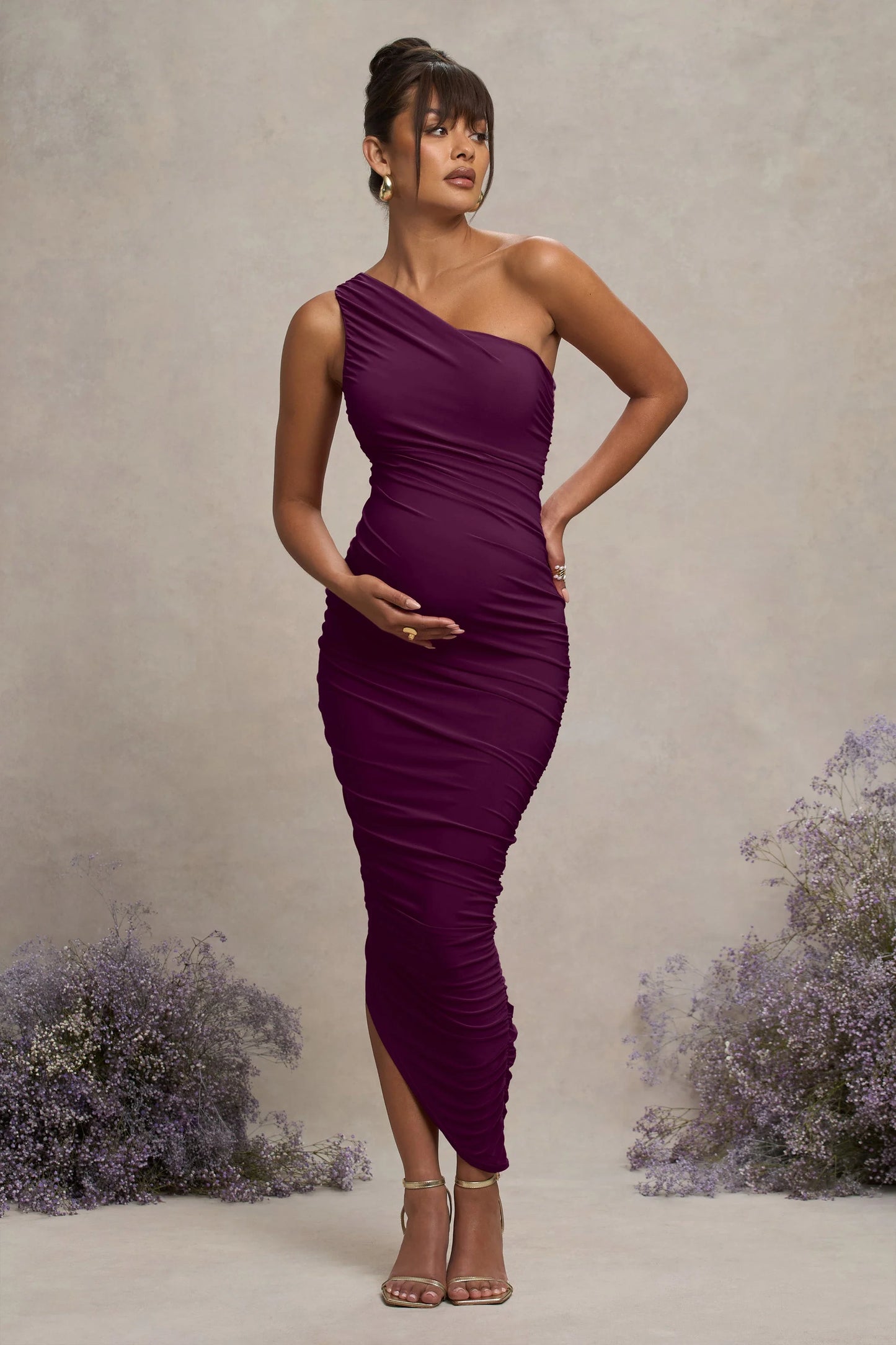 Late Night | Plum Maternity Ruched One Shoulder Midi Dress