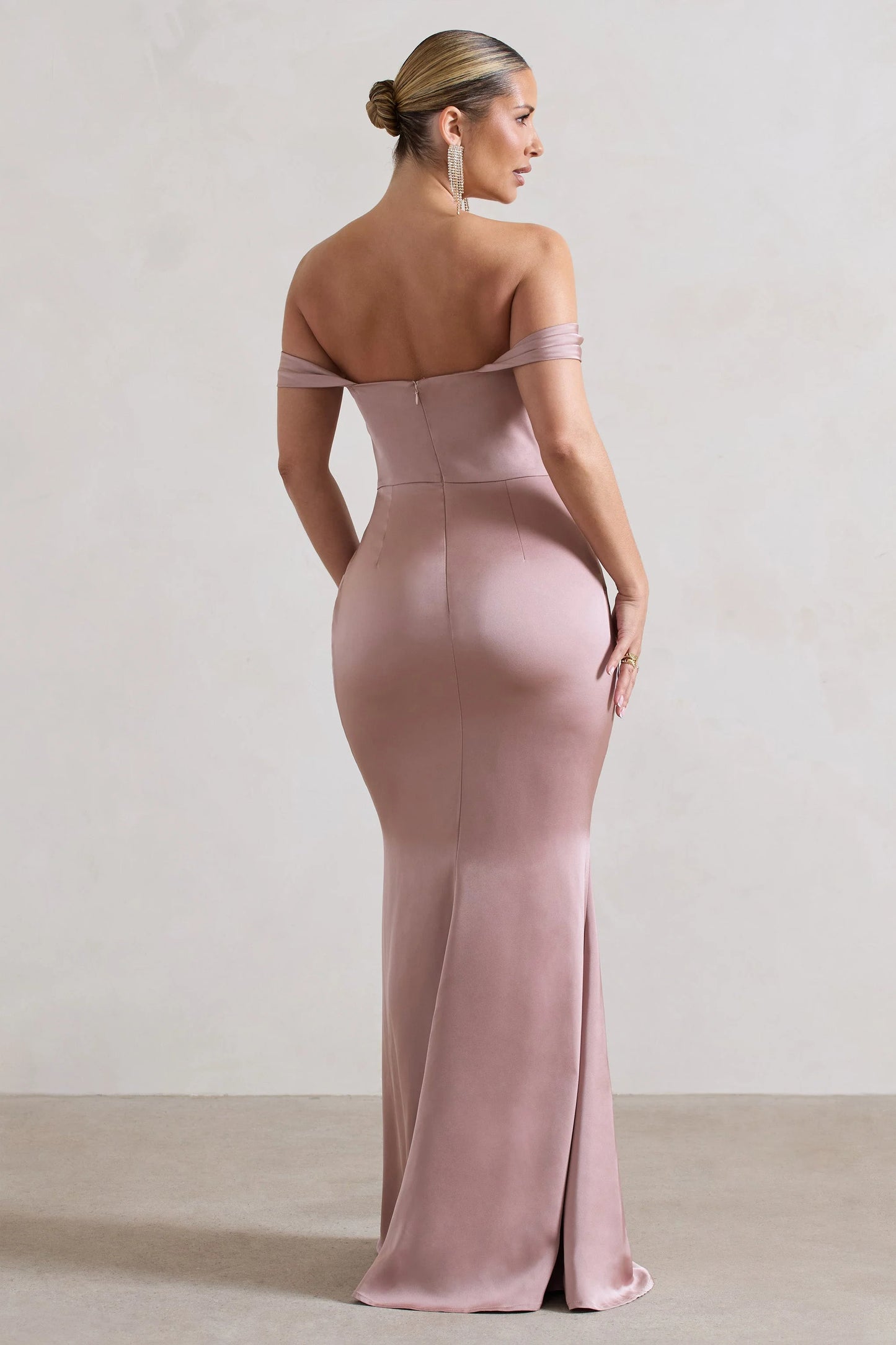 Katia | Blush Pink Satin Bardot  Maxi Dress