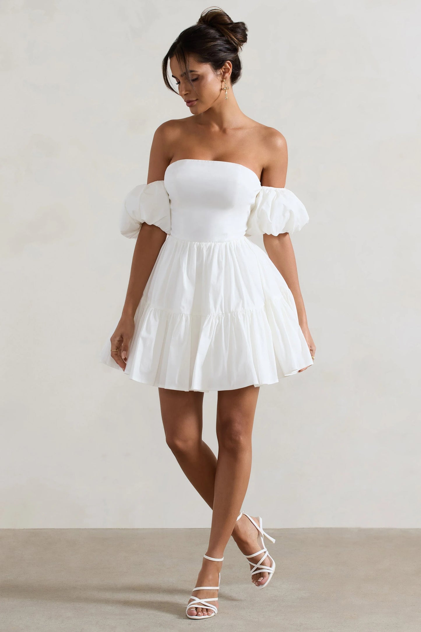 Lani | White Poplin Bardot Tiered Mini Dress With Puff Sleeves