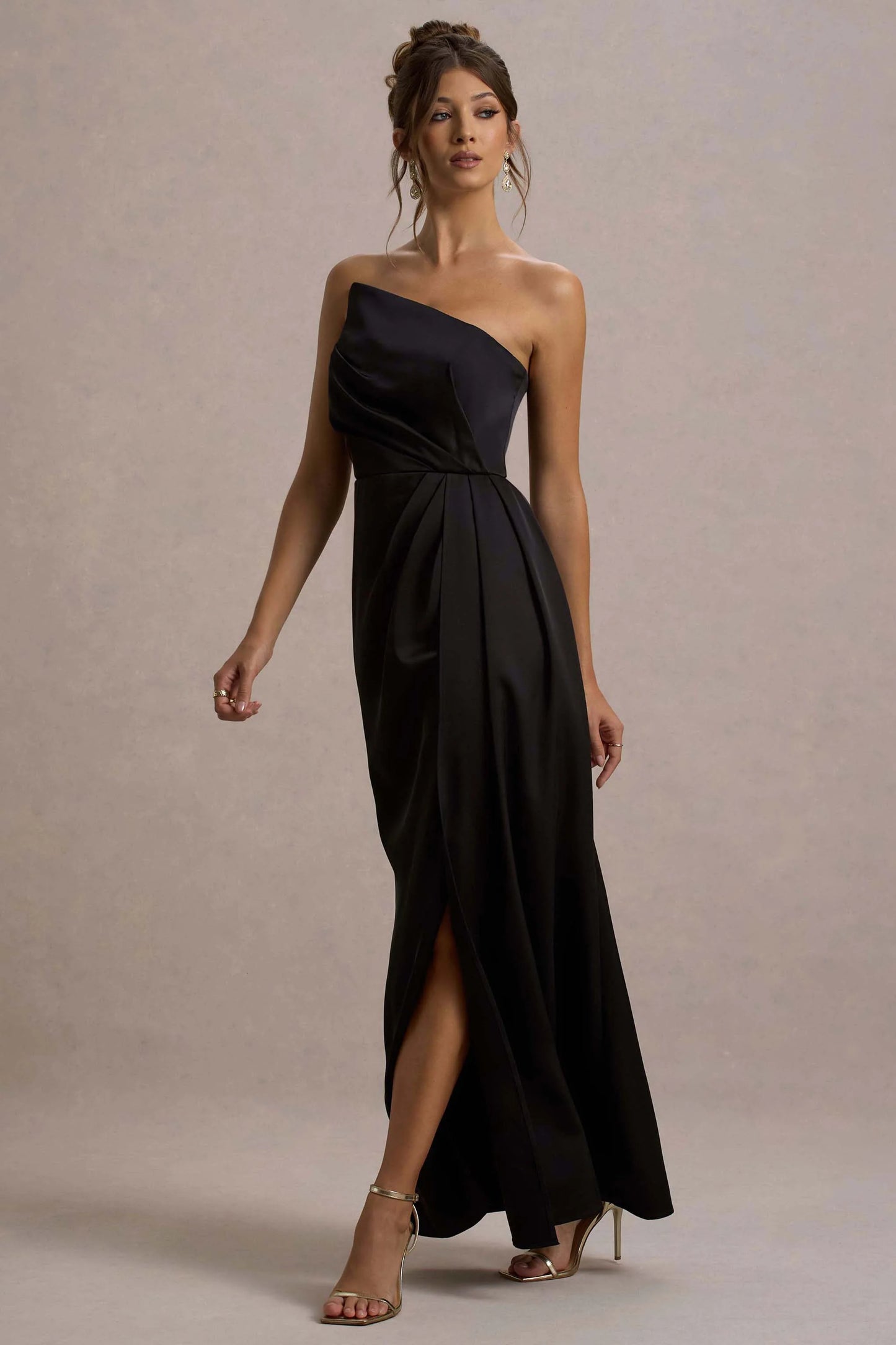 Cairo | Black Satin Strapless Draped Maxi Dress