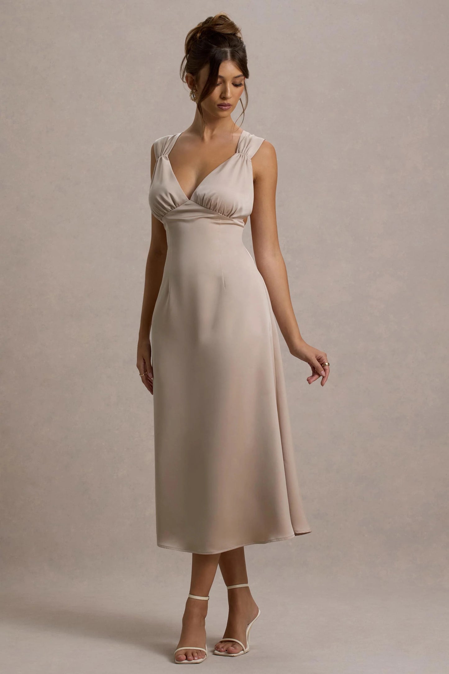 Beck | Champagne Satin Plunge-Neck Cross-Back Midi Dress