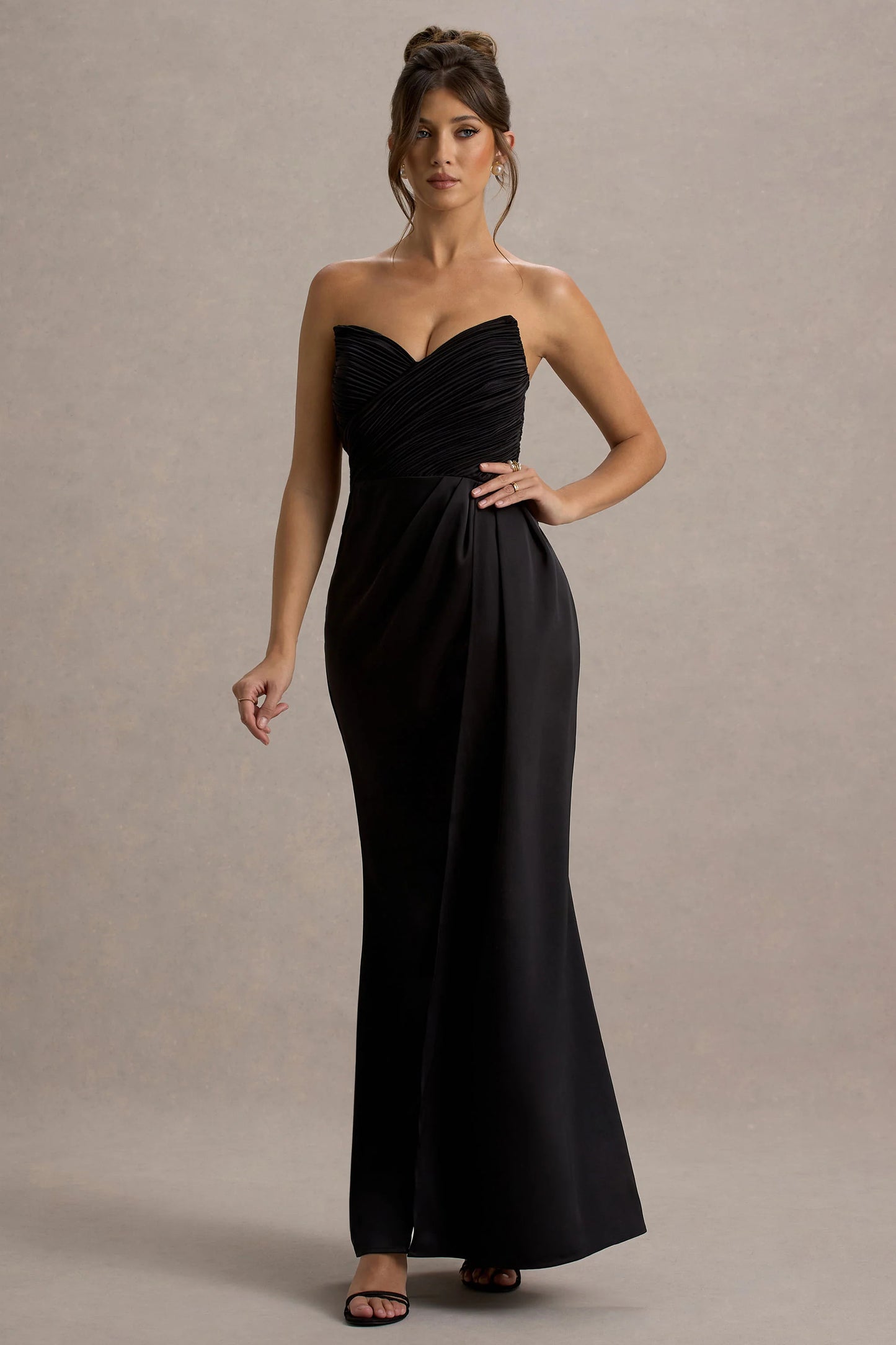 Edel | Black Satin Strapless Maxi Dress With Drape