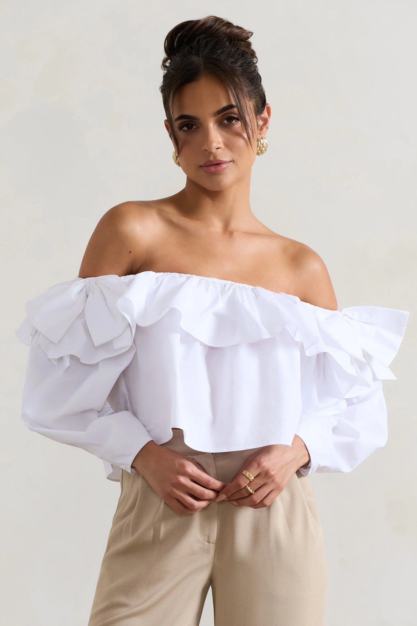 Cove | White Bardot Puff-Sleeve Ruffle Top With Bows