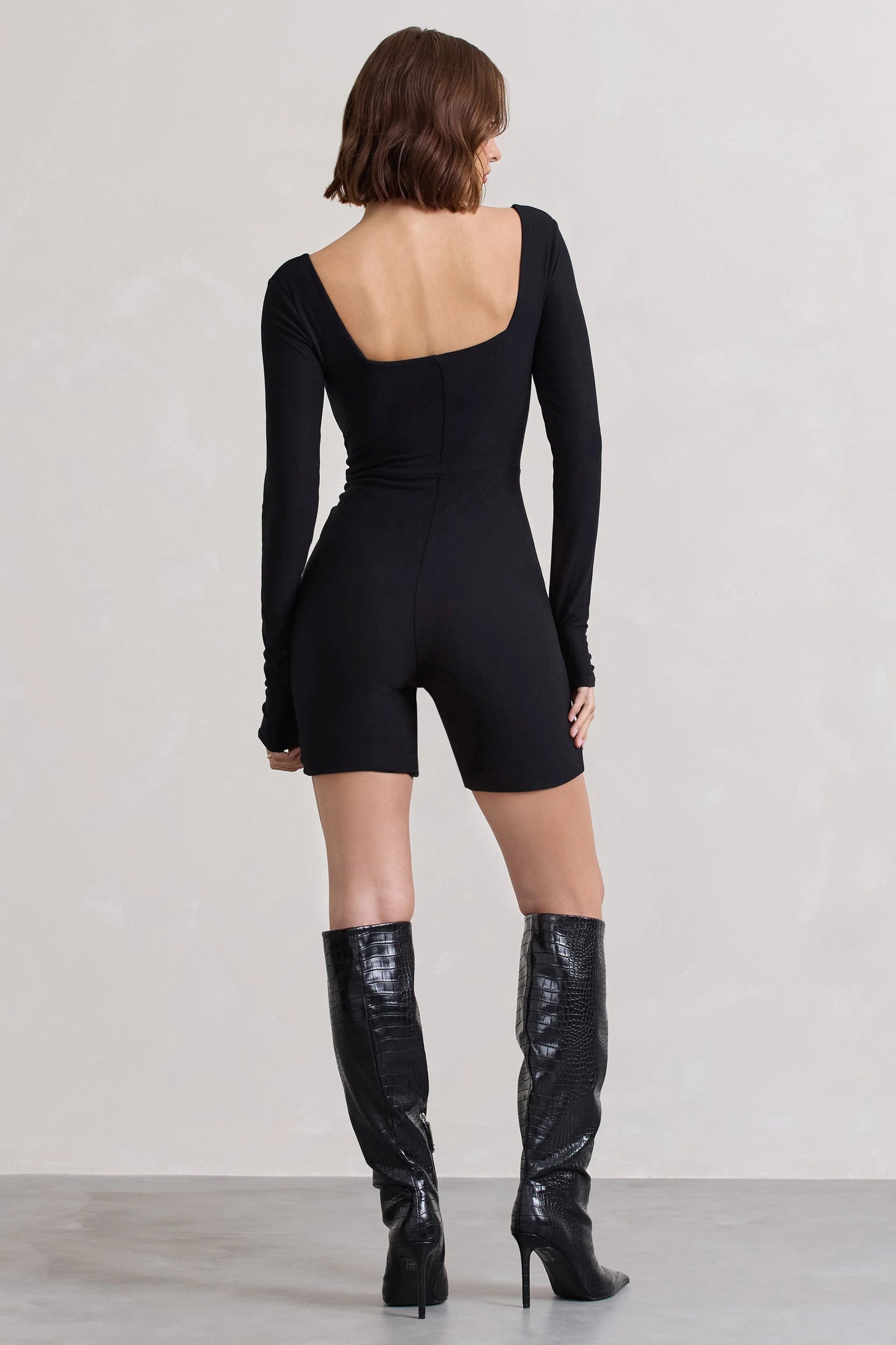 Kayleigh | Black Square-Neck Long-Sleeve Playsuit