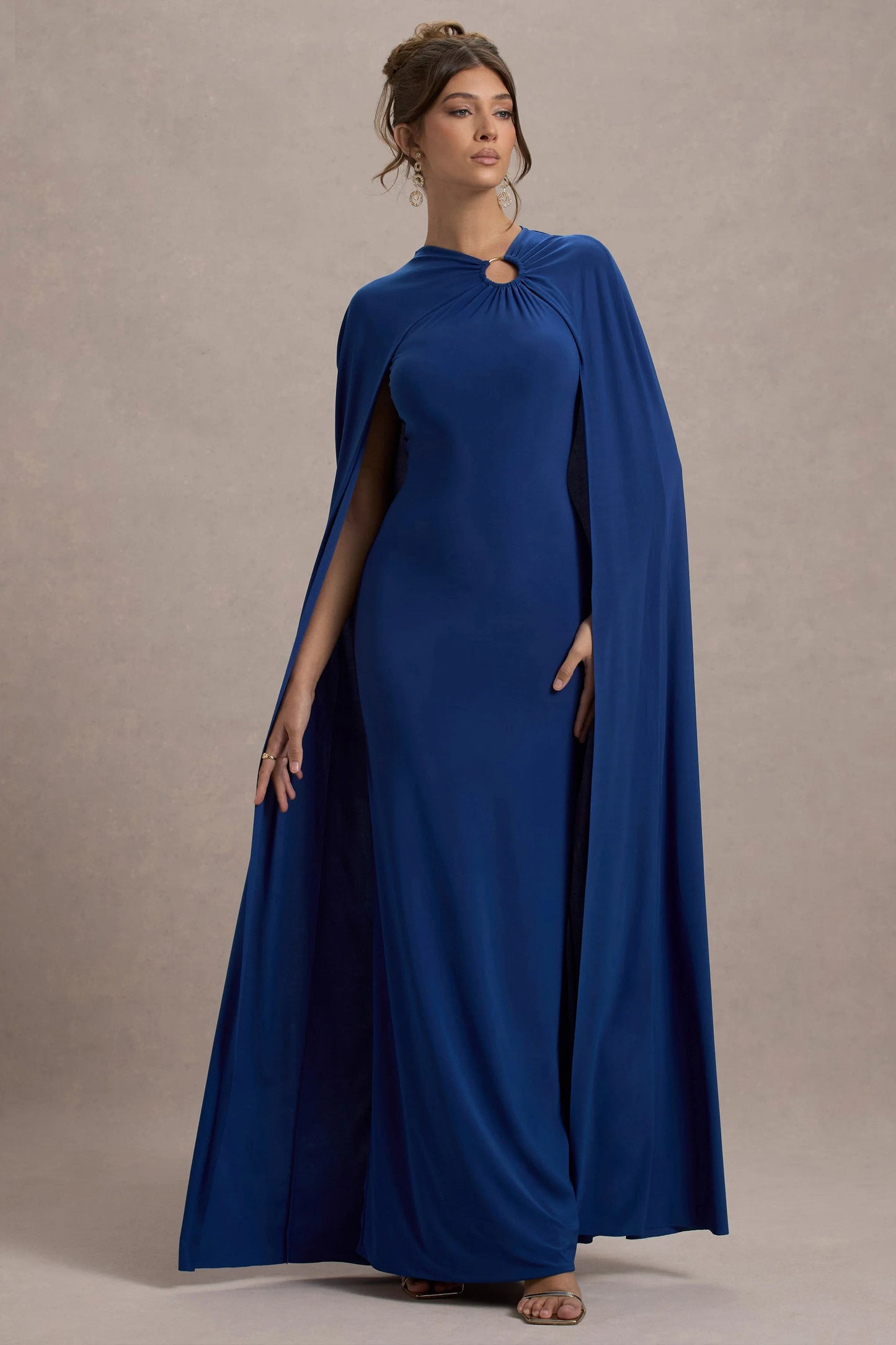 Aliza | Royal Blue Cape Maxi Dress With Gold Ring