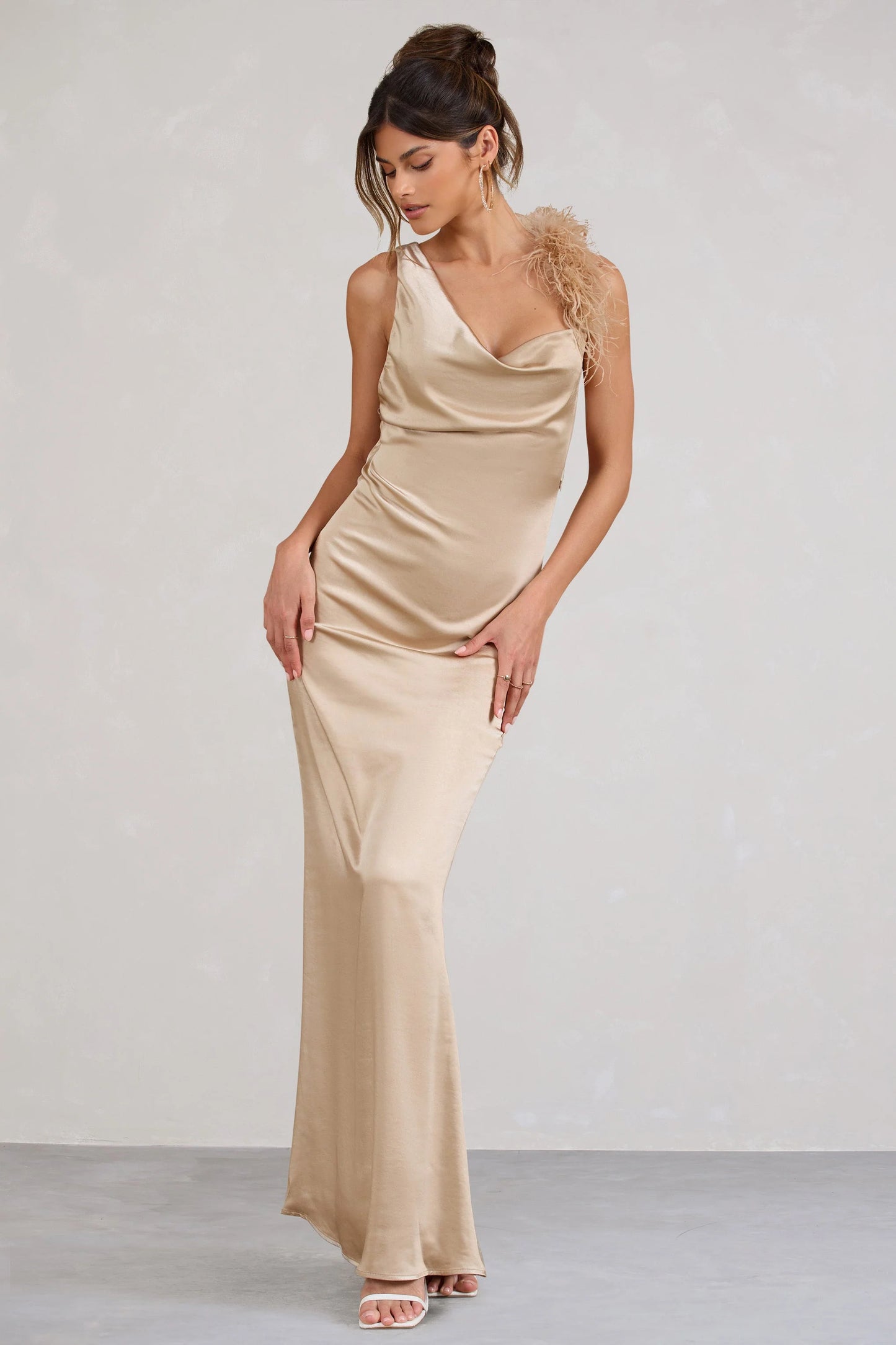 Cherish Me | Gold Satin Asymmetric Cowl Maxi Dress With Feather Strap