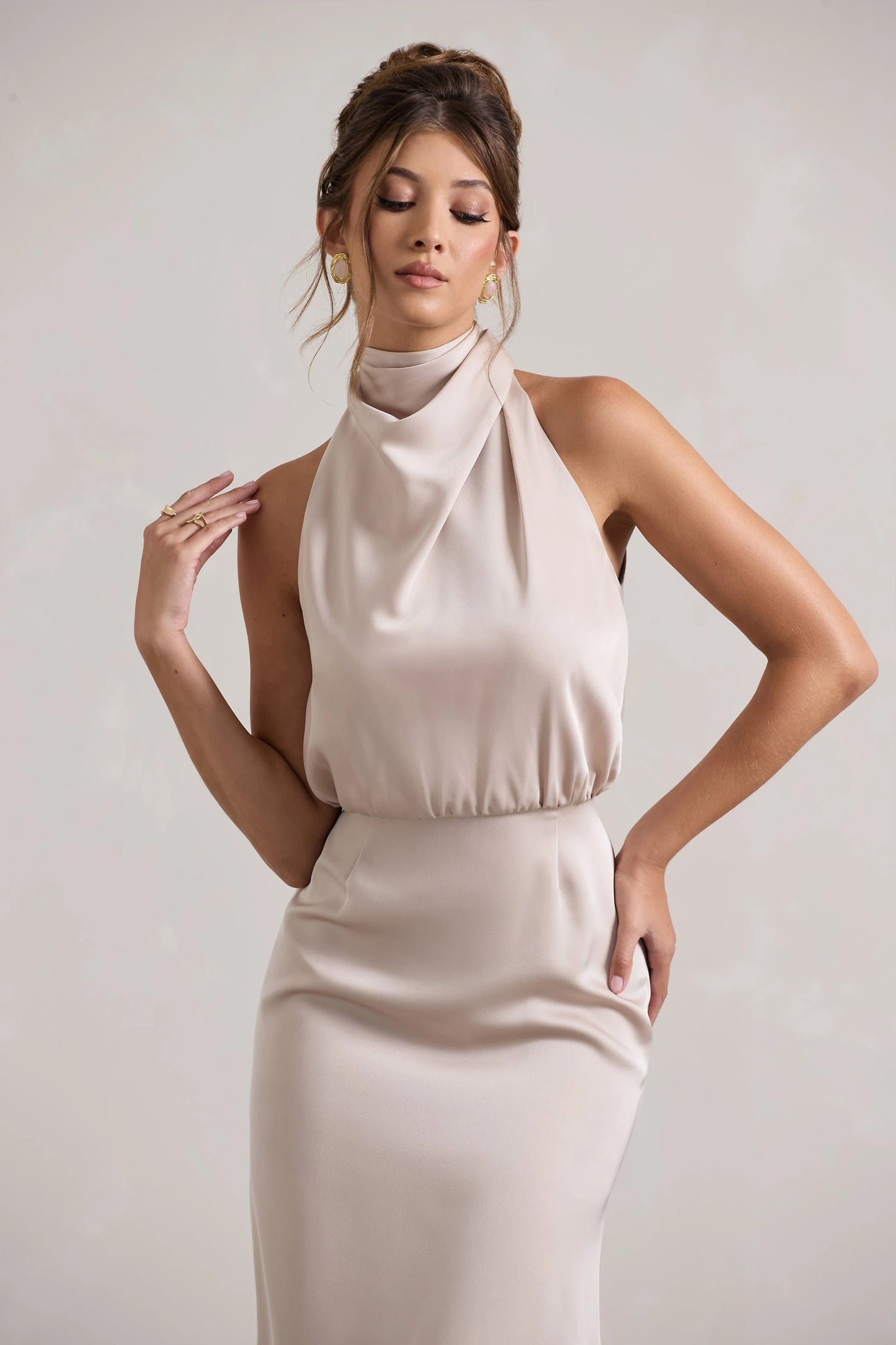 Geena | Champagne Satin Twisted High-Neck Midi Dress