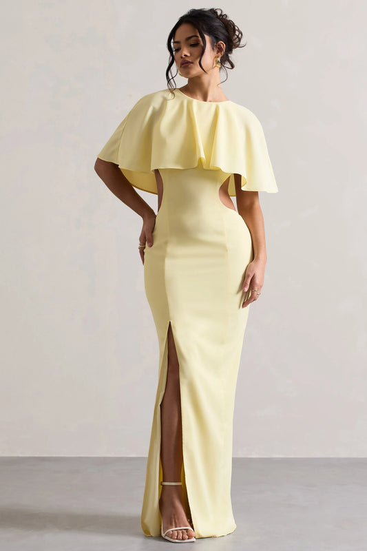 Isadora | Pastel Yellow Cut-Out Split Maxi Dress With Cape